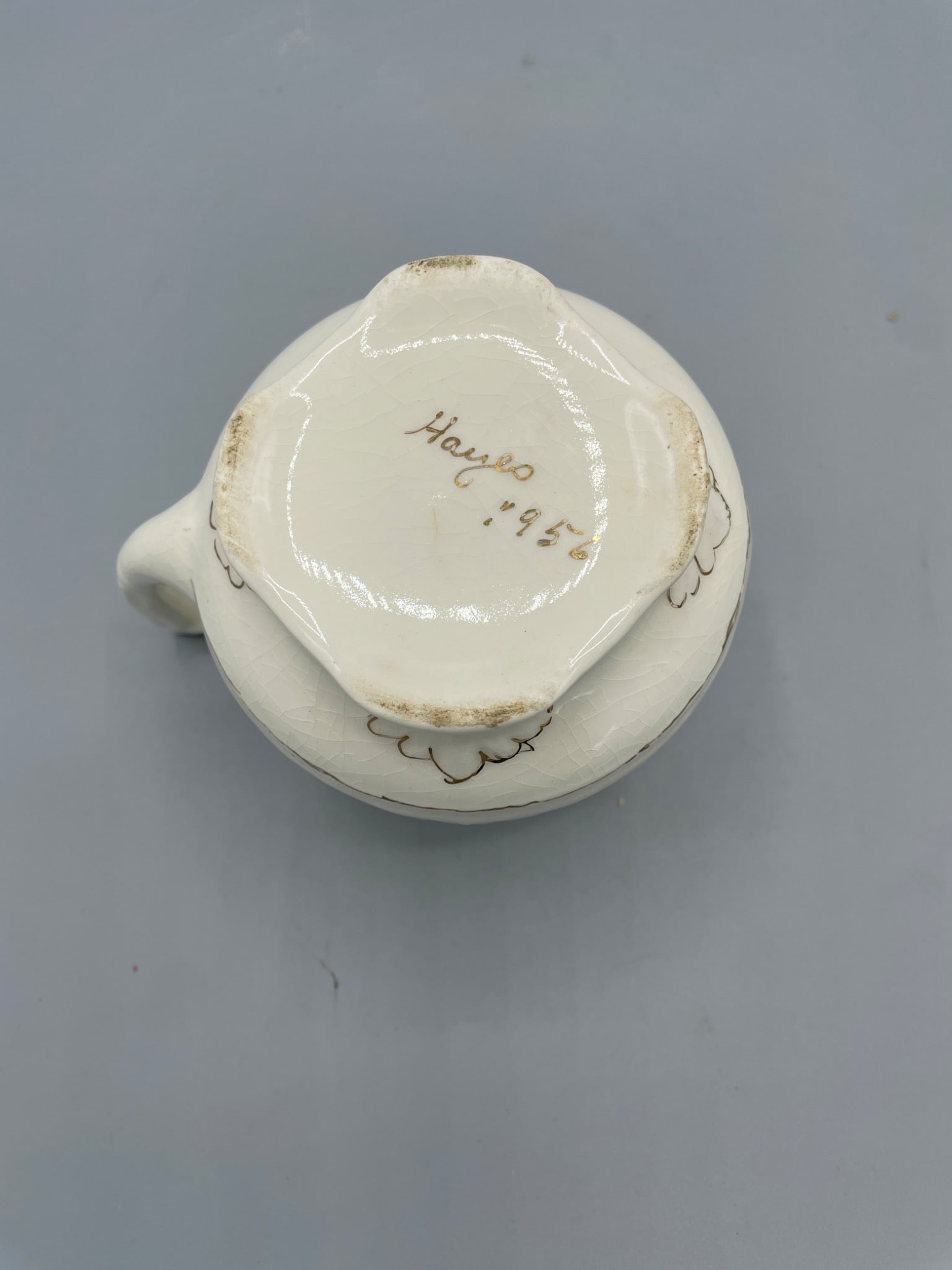 Cream-Colored Ceramic Pitcher with 'Hauso 1956' Inscription - 4