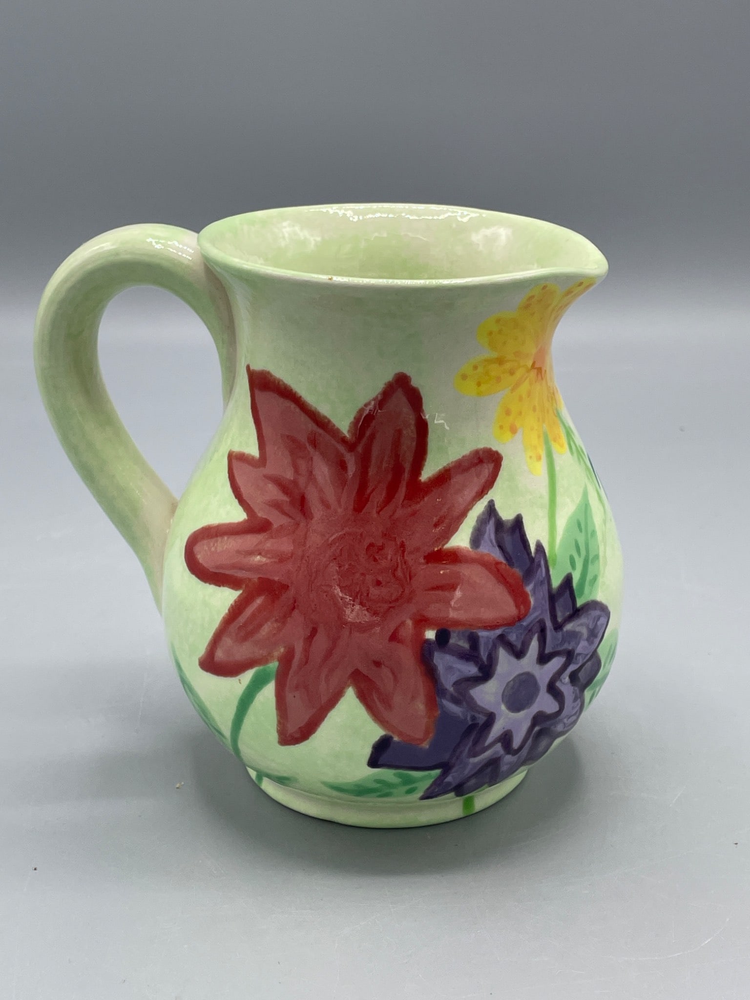 Hand-Painted Ceramic Pitcher with Floral Motif, Signed 'Alli' March 2001 (1 of 6)