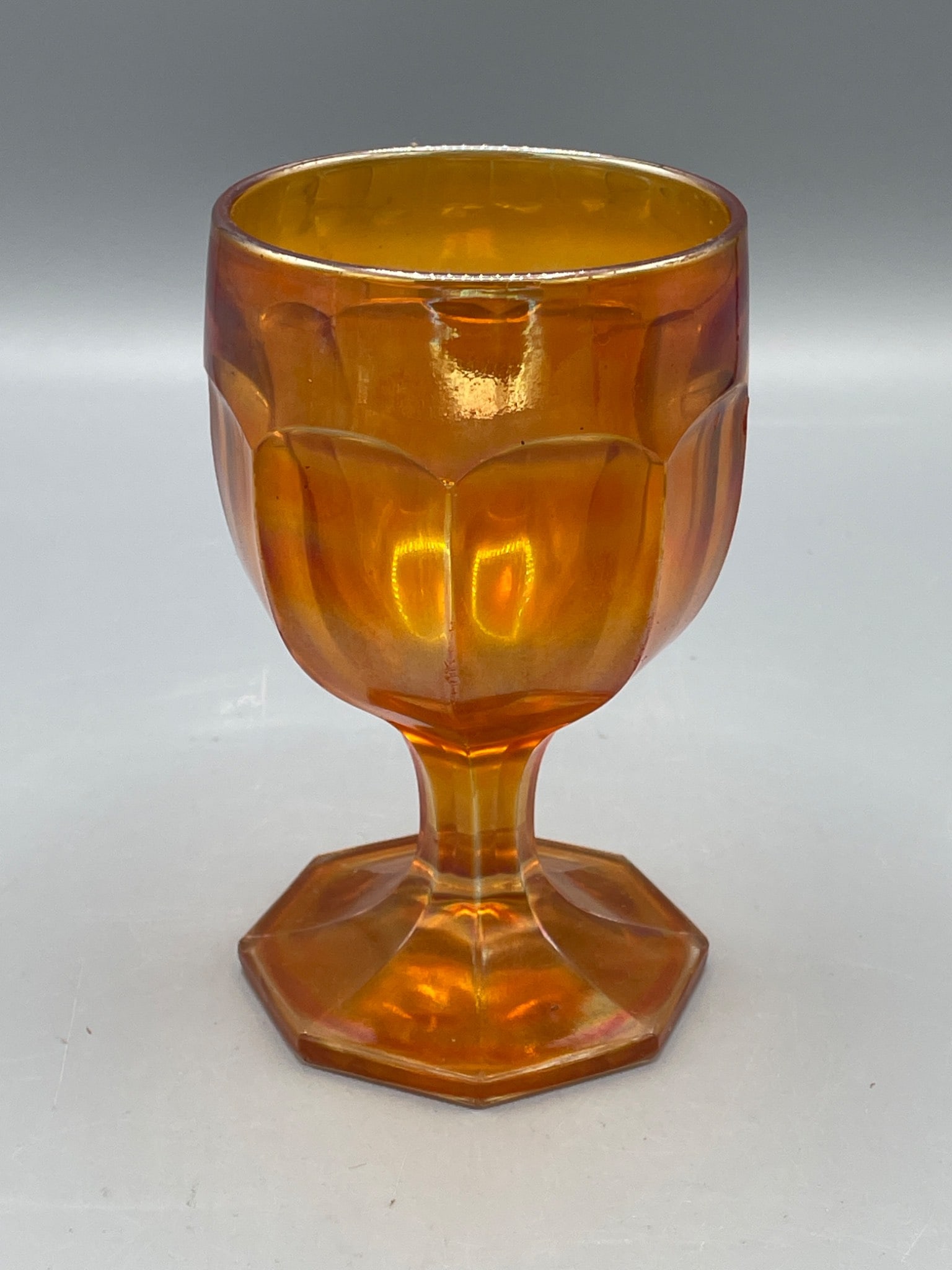 Amber-Colored Iridescent Glass Goblet With Octagonal Base (1 of 4)