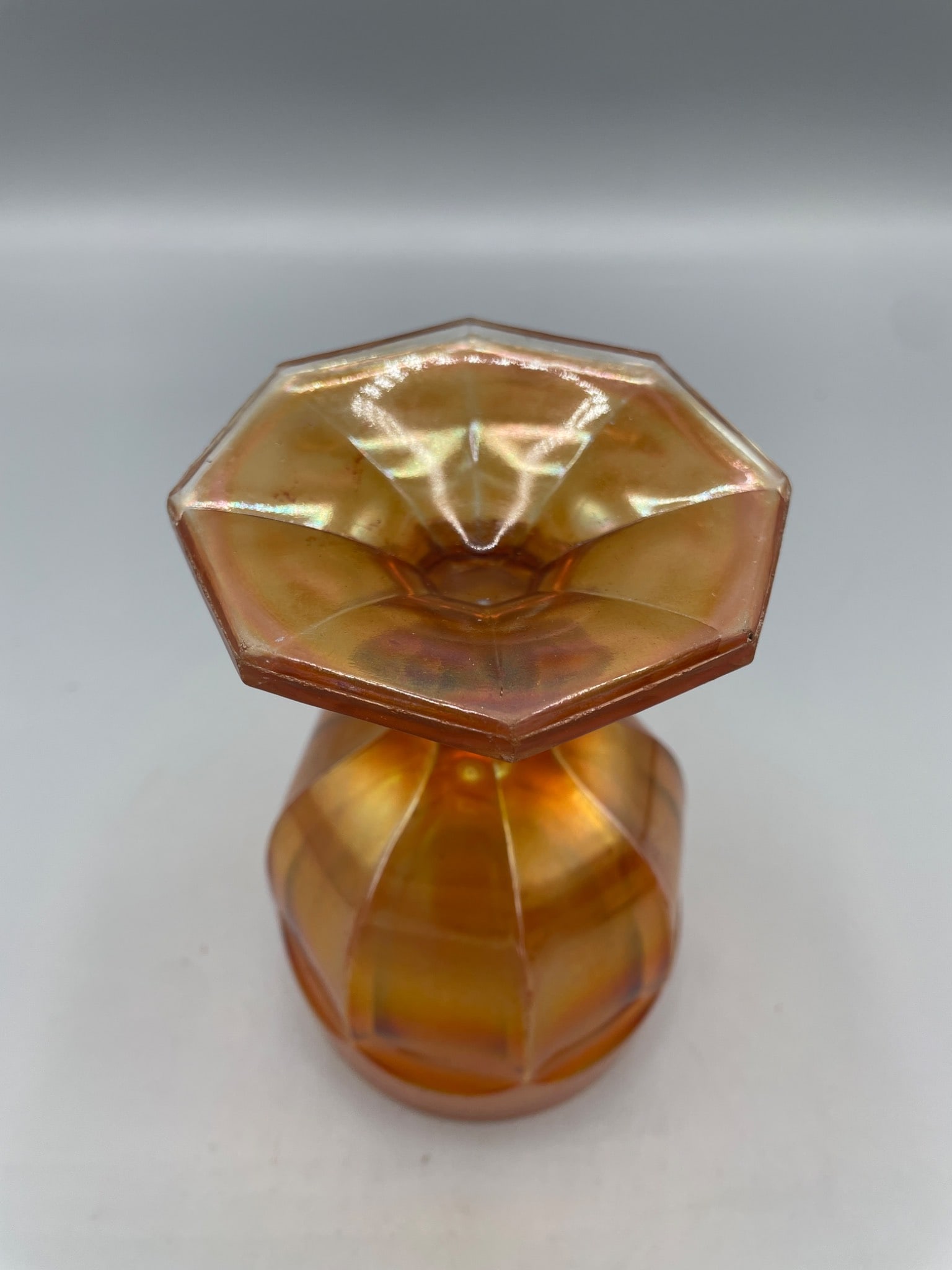 Amber-Colored Iridescent Glass Goblet With Octagonal Base - 3