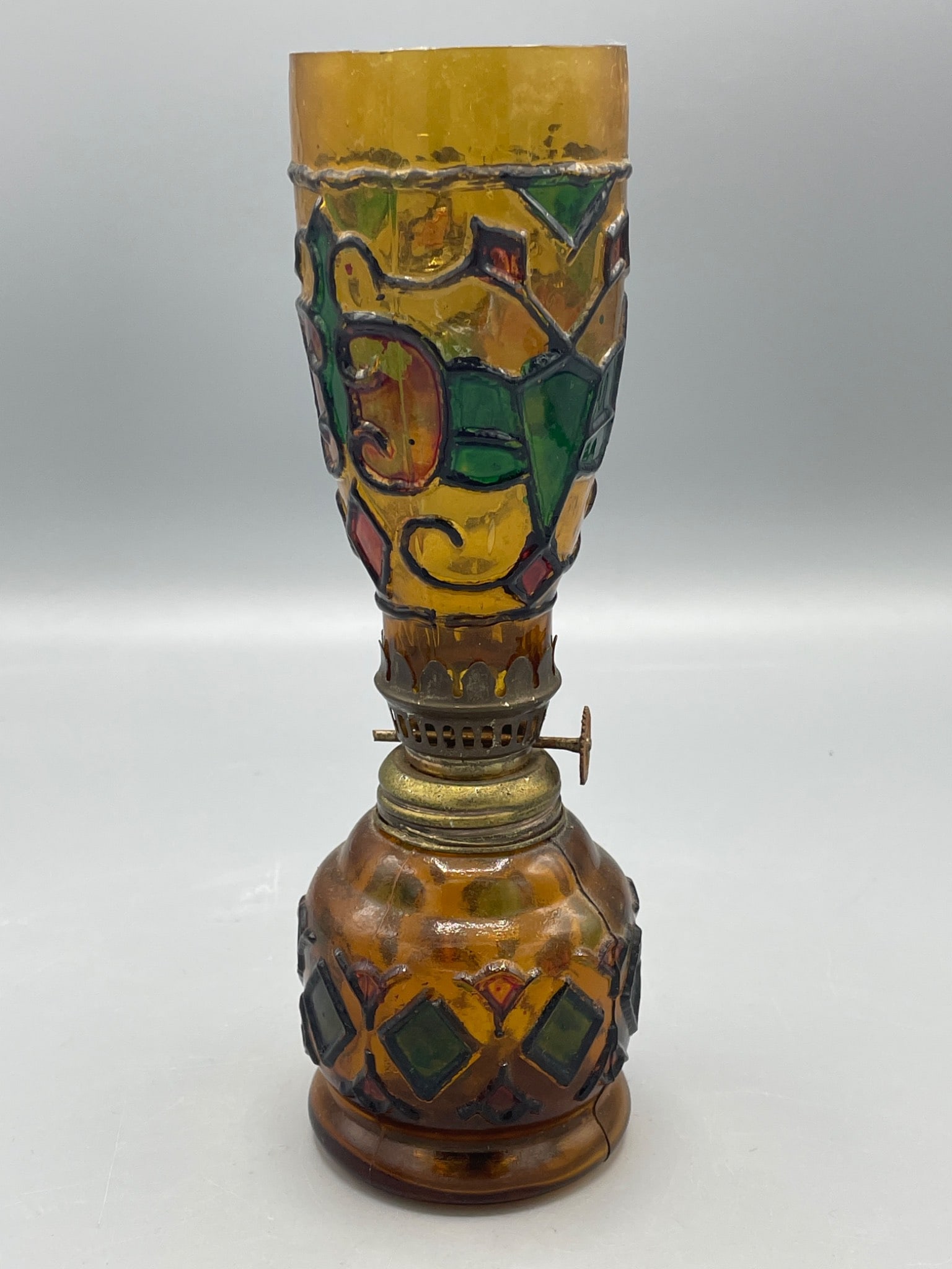UK Registered Glass Oil Lamp with Raised Painted Floral Design (1 of 7)