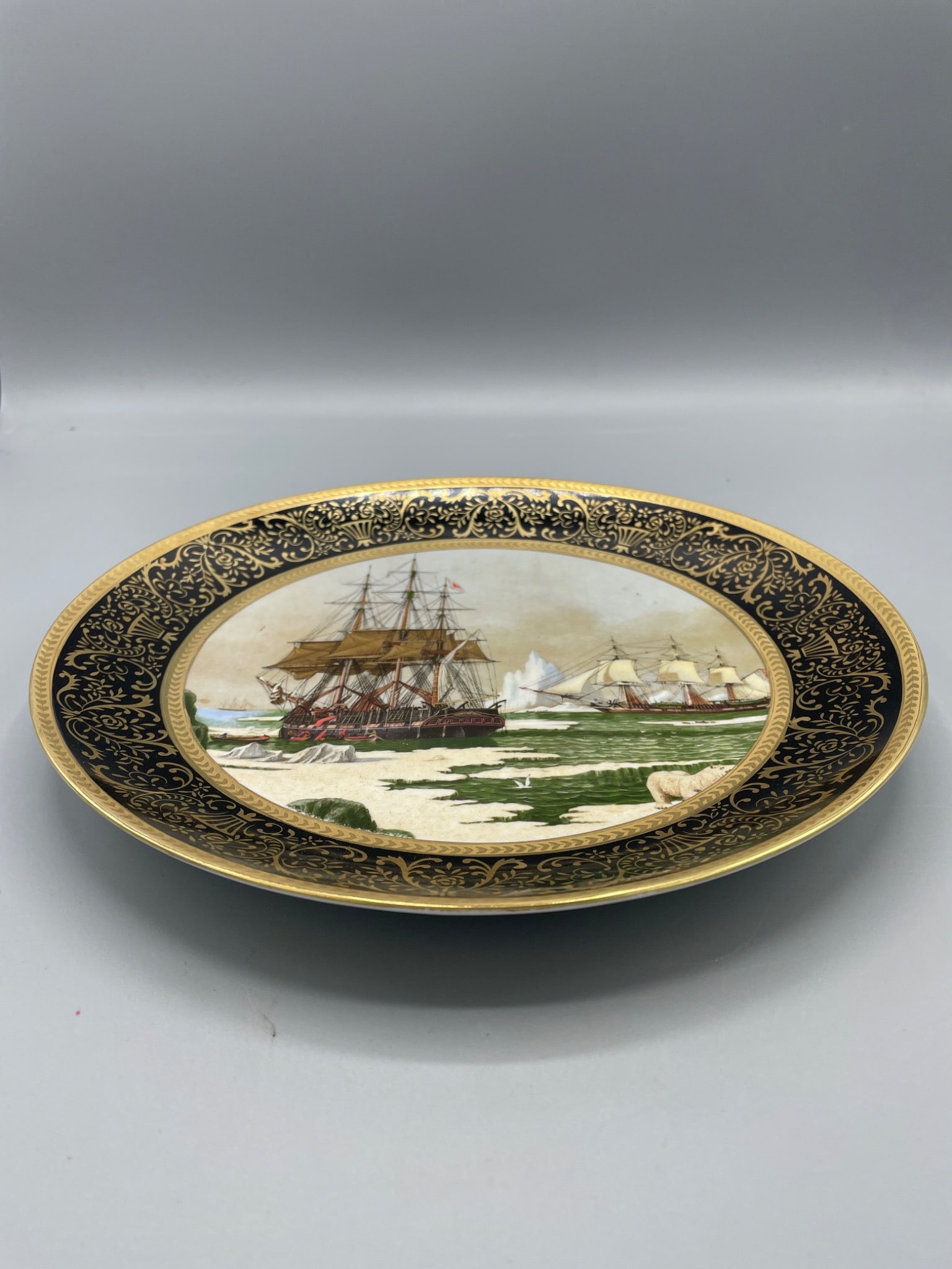Decorative Plate with Ship Scene, Black and Gold Trim, 10.5-Inch Diameter (1 of 7)