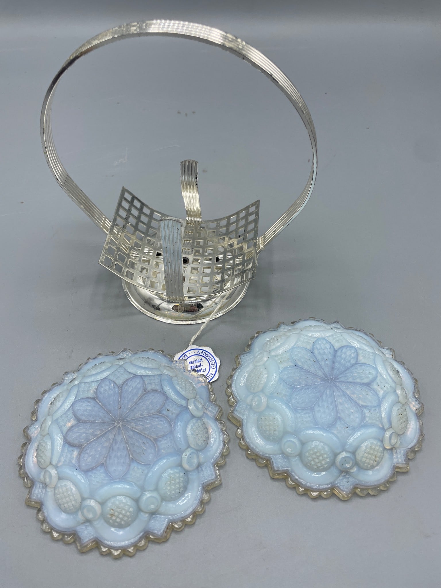 Silverplate Server with Opalescent Glass Dishes, Made in Western Germany - 7