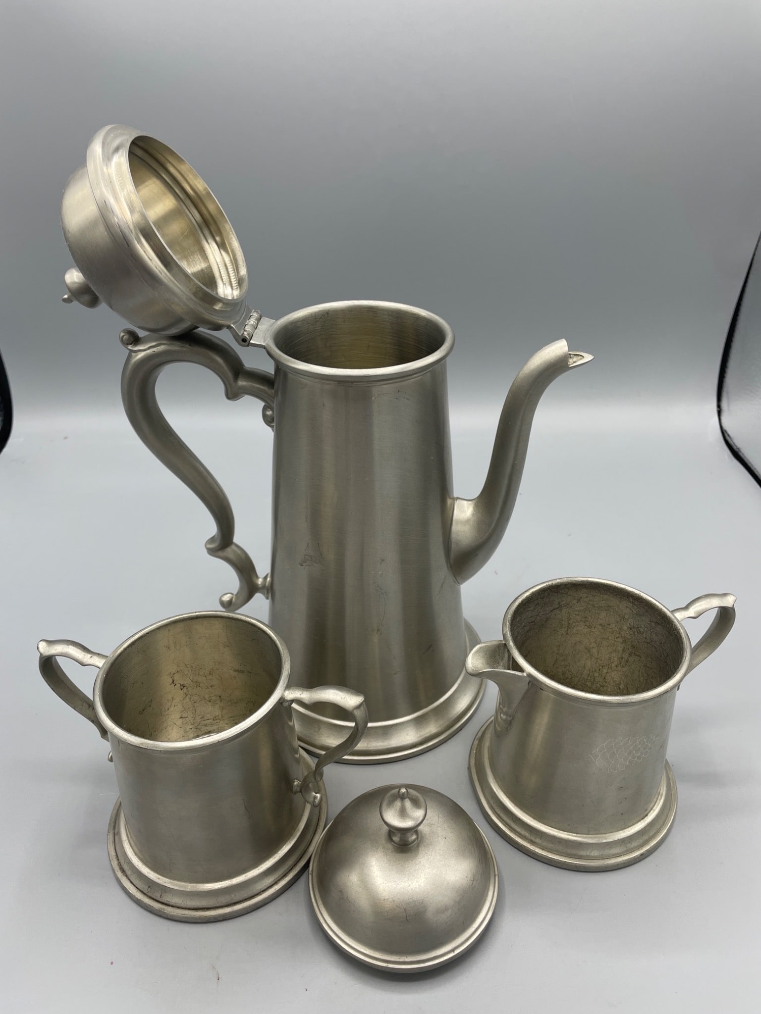 Jostens Pewter Coffee Set with Creamer and Sugar Bowl, Model 130 - 2