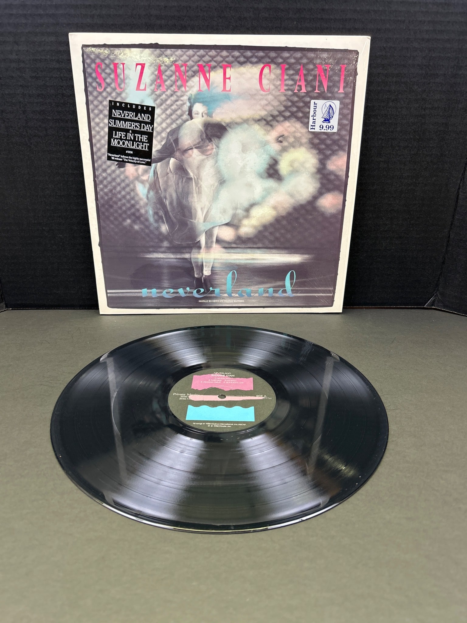 Suzanne Ciani 'Neverland' Vinyl Record LP with Sleeve: This listing consists of a Suzanne Ciani 'Neverland' vinyl record LP, including its original sleeve. The record is marked Private Music PM-1109, released in 1988. The LP appears intact, and the