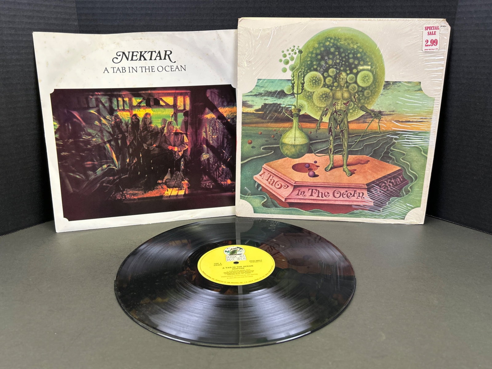 Nektar 'A Tab in the Ocean' and 'Journey to the Center of the Eye' Vinyl Records: Two vinyl records by the band Nektar, featuring 'A Tab in the Ocean' and 'Journey to the Center of the Eye.' Both LPs include their respective original jackets with artwork and lyric inserts (if