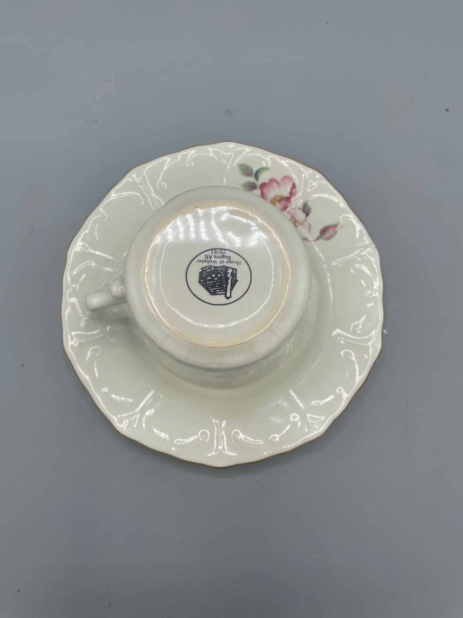 Porcelain Teacup and Saucer Set with Floral Design and Maker's Mark - 3