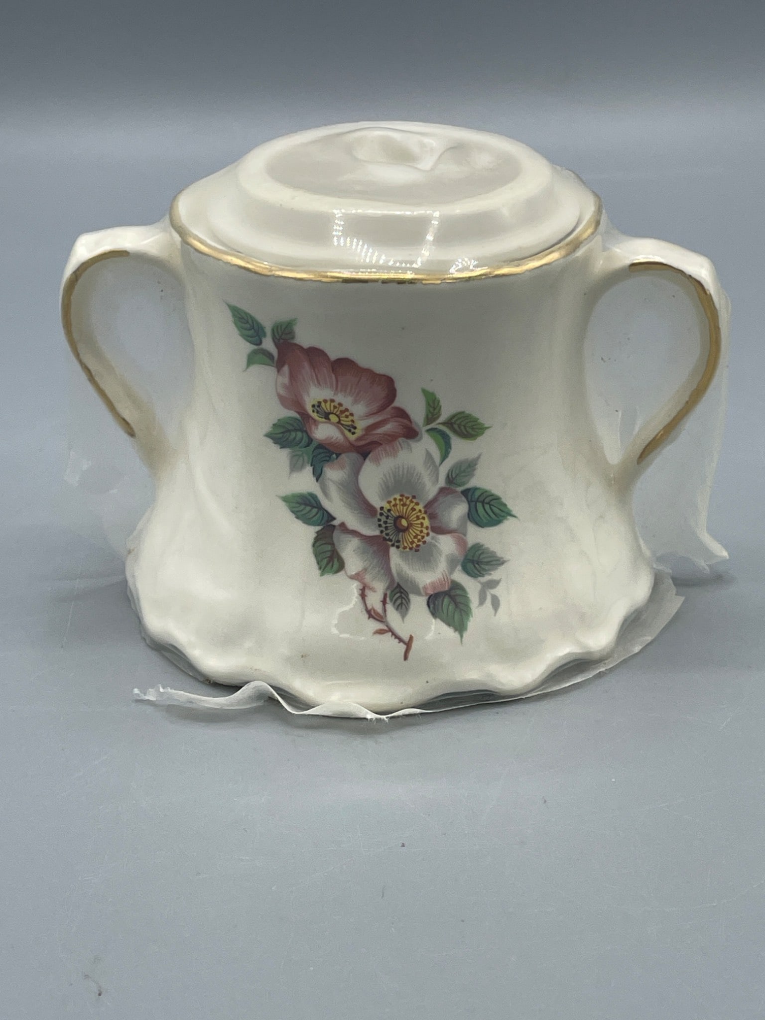 House of Webster Two-Handled Porcelain Sugar Bowl with Floral Motif and Gold Trim - 2