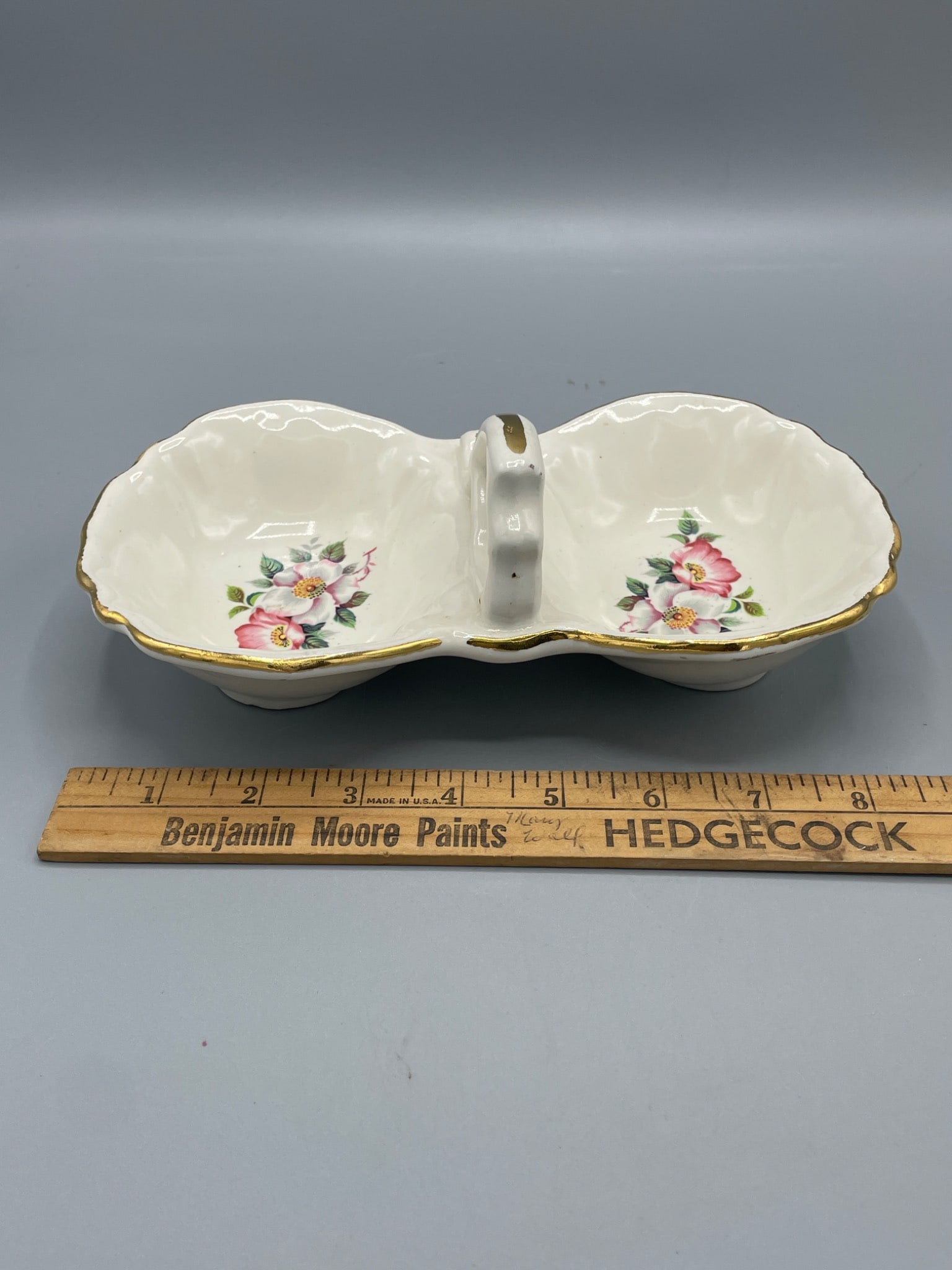 Porcelain Double Serving Dish with Floral Pattern and Handle - 6