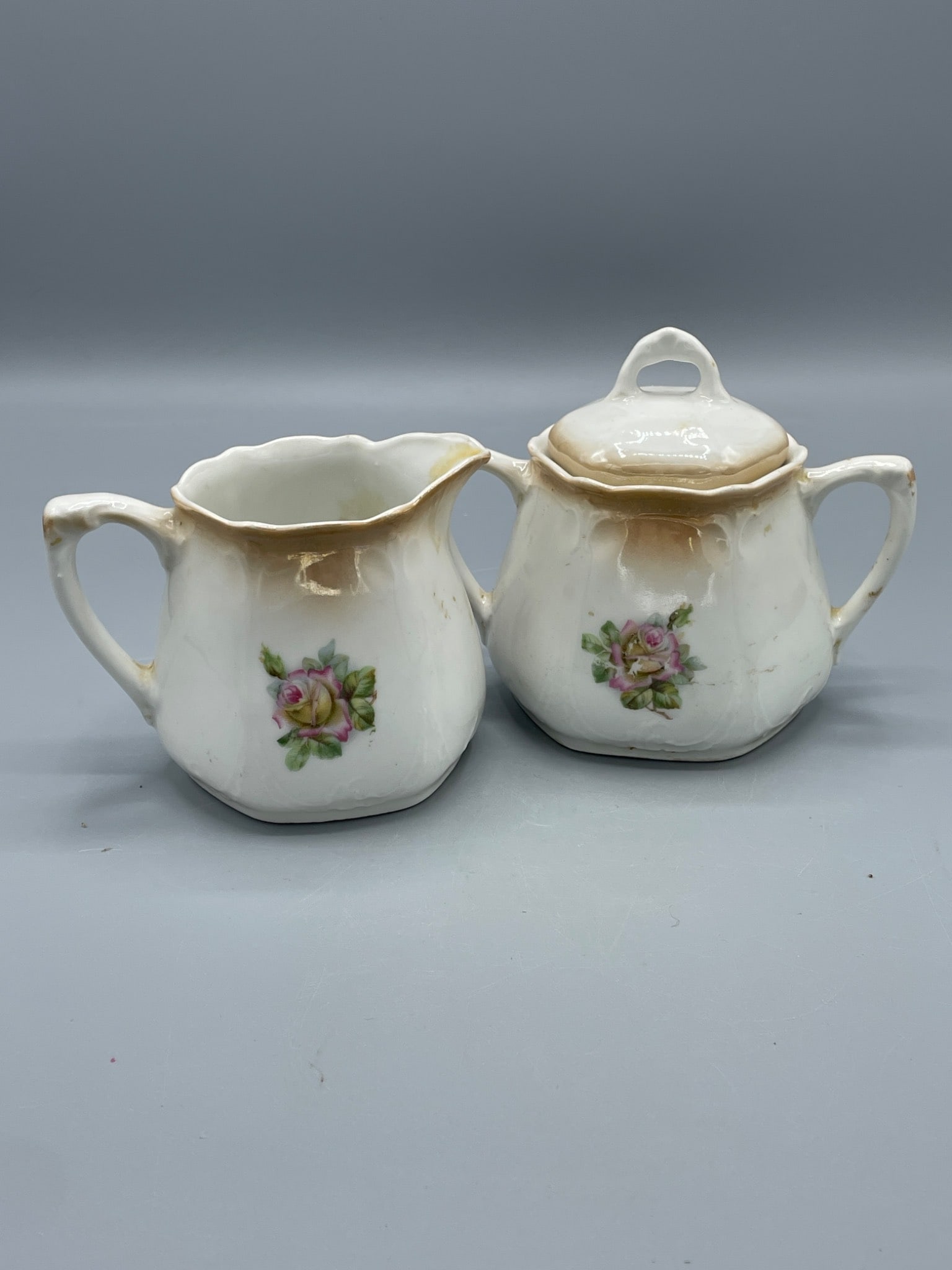 Porcelain Creamer and Covered Sugar Bowl Set with Floral Motif - 2