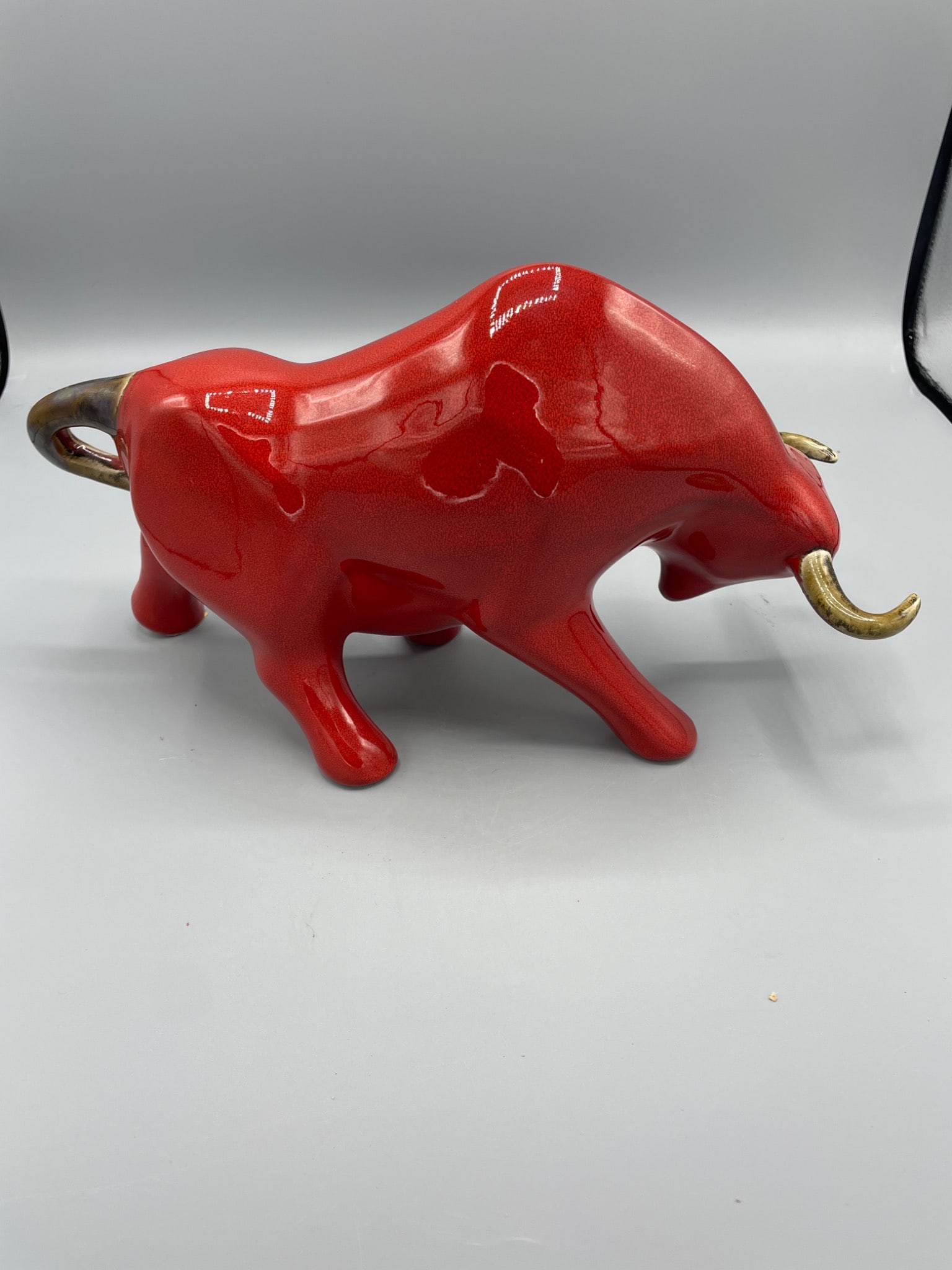 Red Ceramic Bull Figure With Gold-Toned Horns and Tail Accents - 2