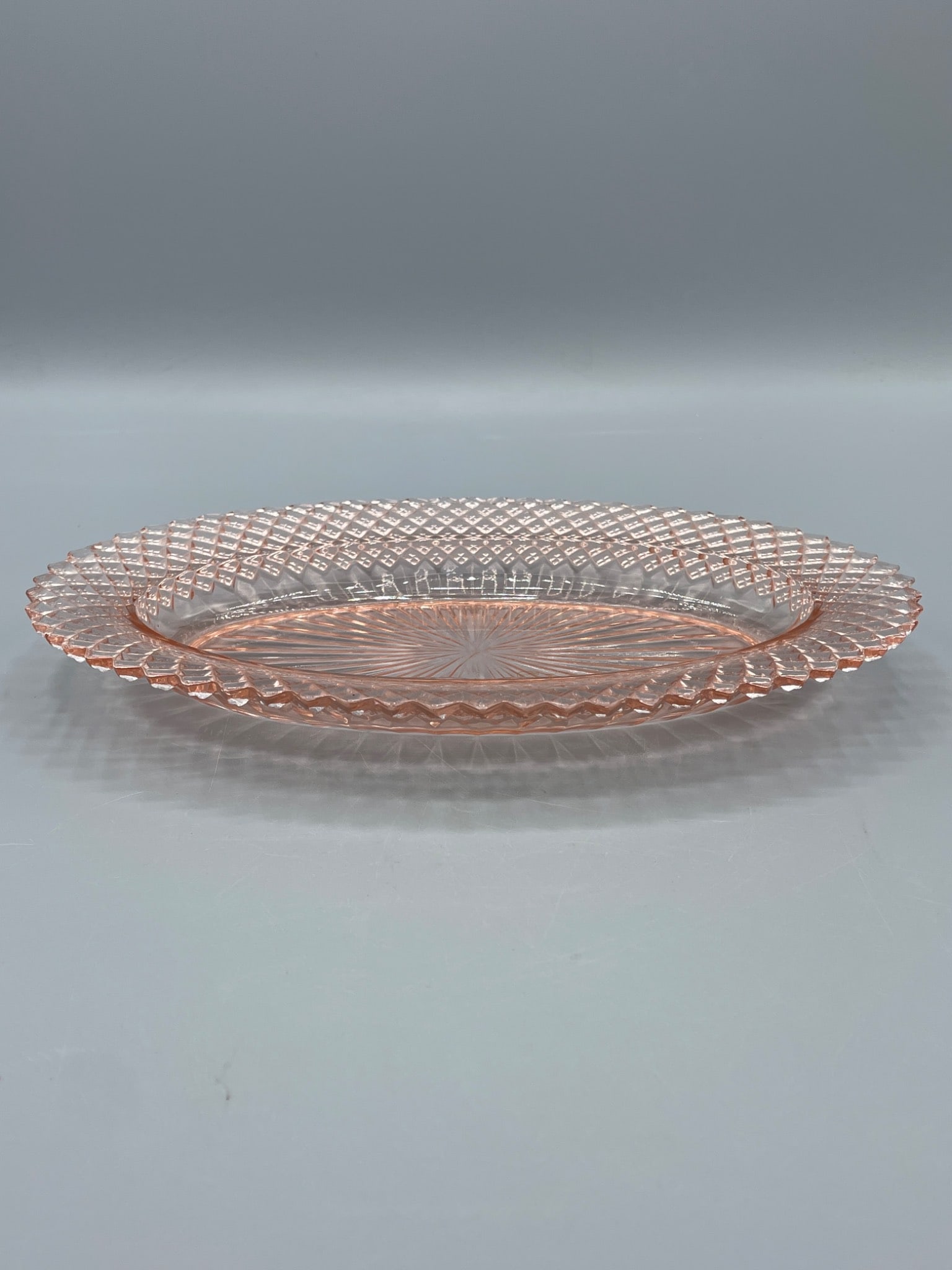 Pink Pressed Glass Oval Serving Plate with Diamond Pattern Trim - 2