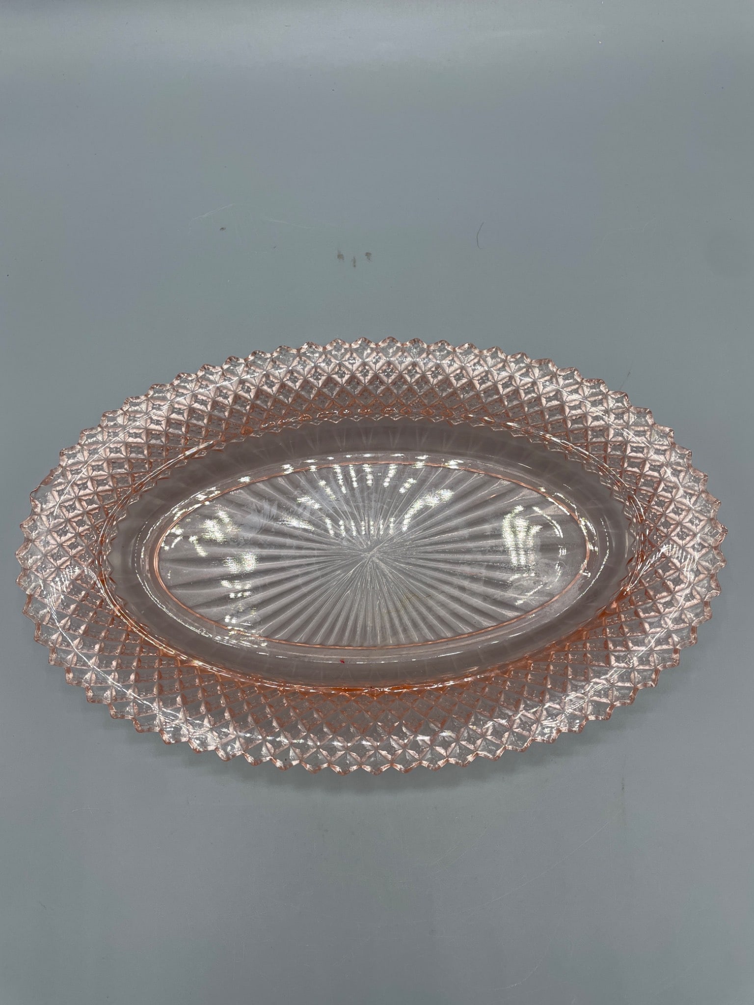 Pink Pressed Glass Oval Serving Plate with Diamond Pattern Trim - 3