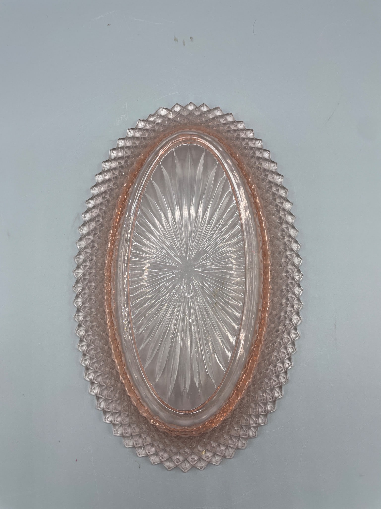 Pink Pressed Glass Oval Serving Plate with Diamond Pattern Trim - 4