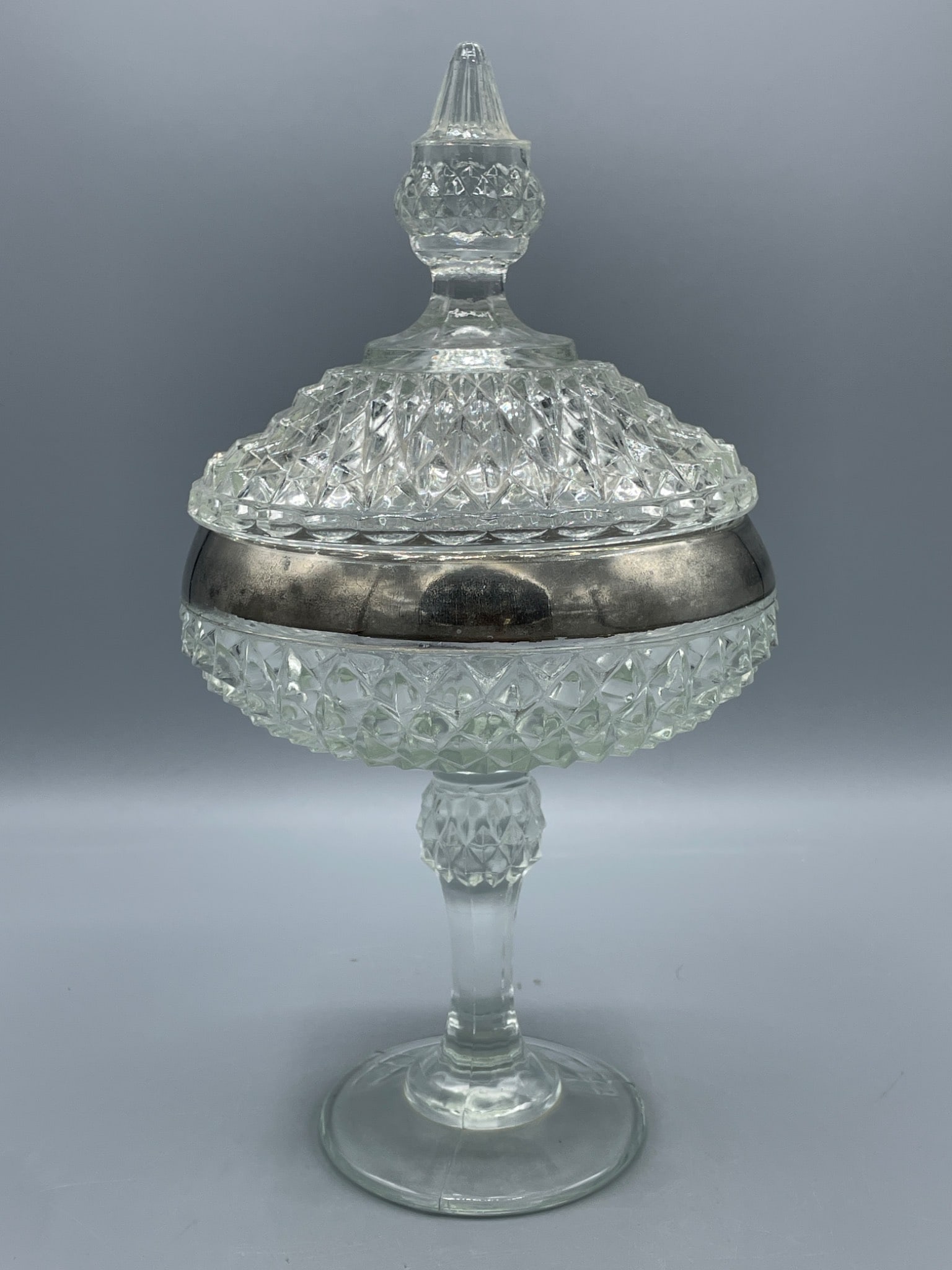 Clear Pressed Glass Covered Compote with Silver-Tone Trim - 2