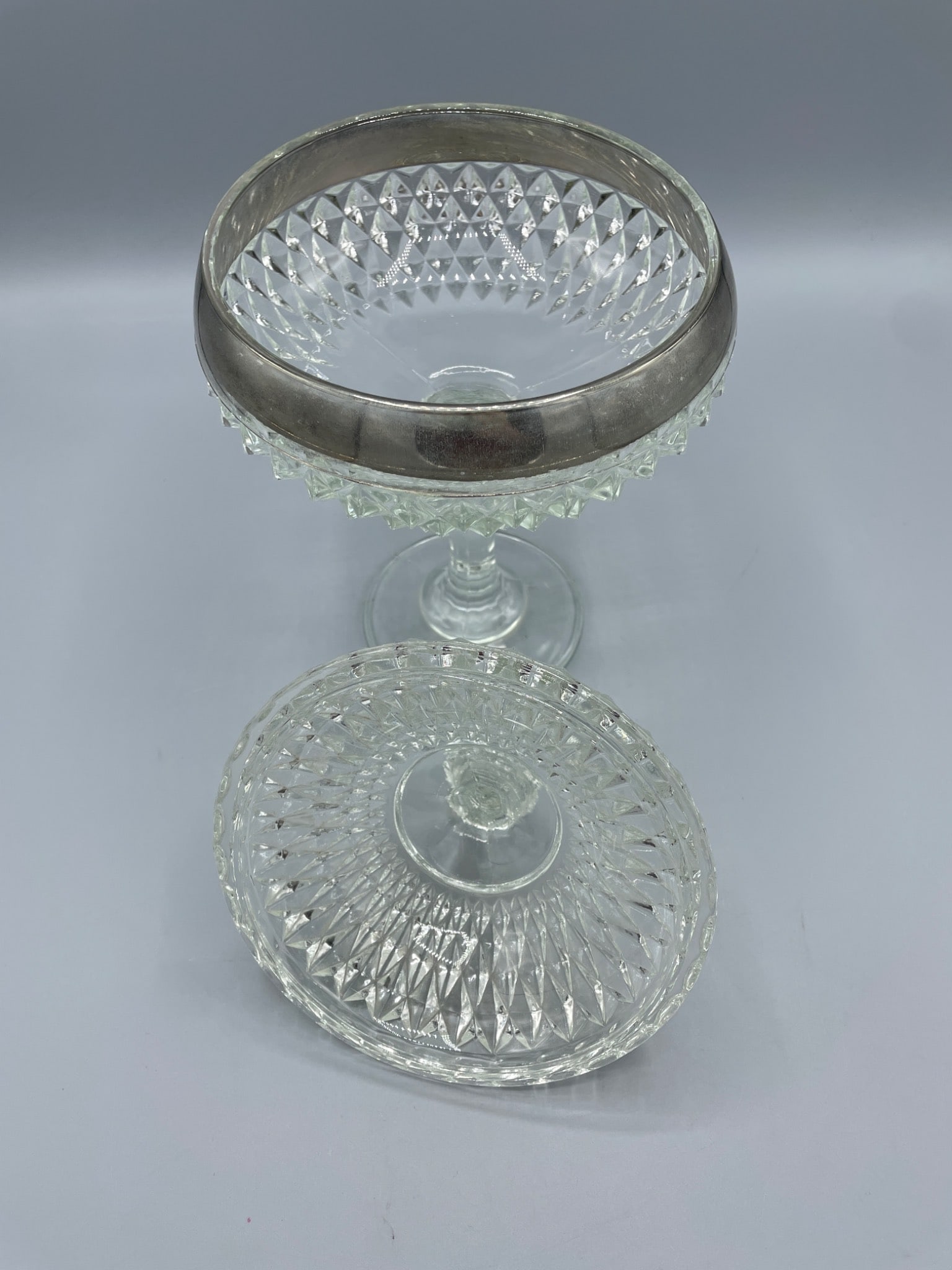 Clear Pressed Glass Covered Compote with Silver-Tone Trim - 3