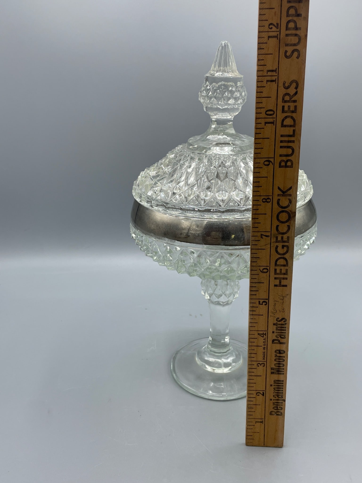 Clear Pressed Glass Covered Compote with Silver-Tone Trim - 6