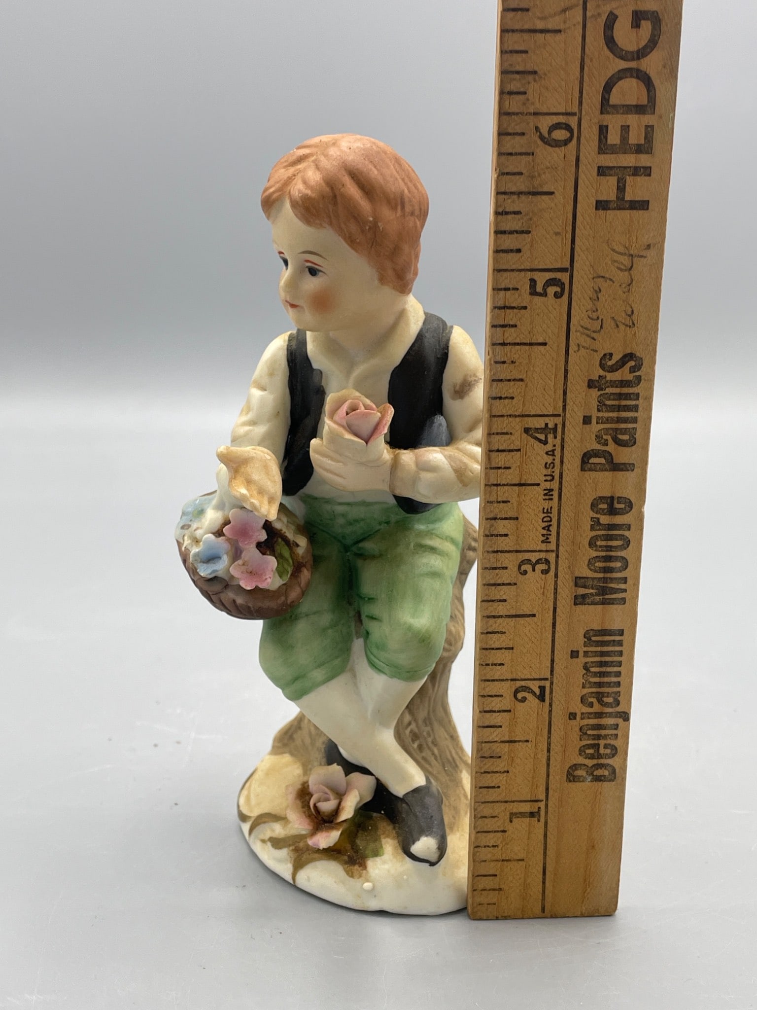 Hand-Painted Porcelain Figurine of a Boy With Basket of Flowers - 6