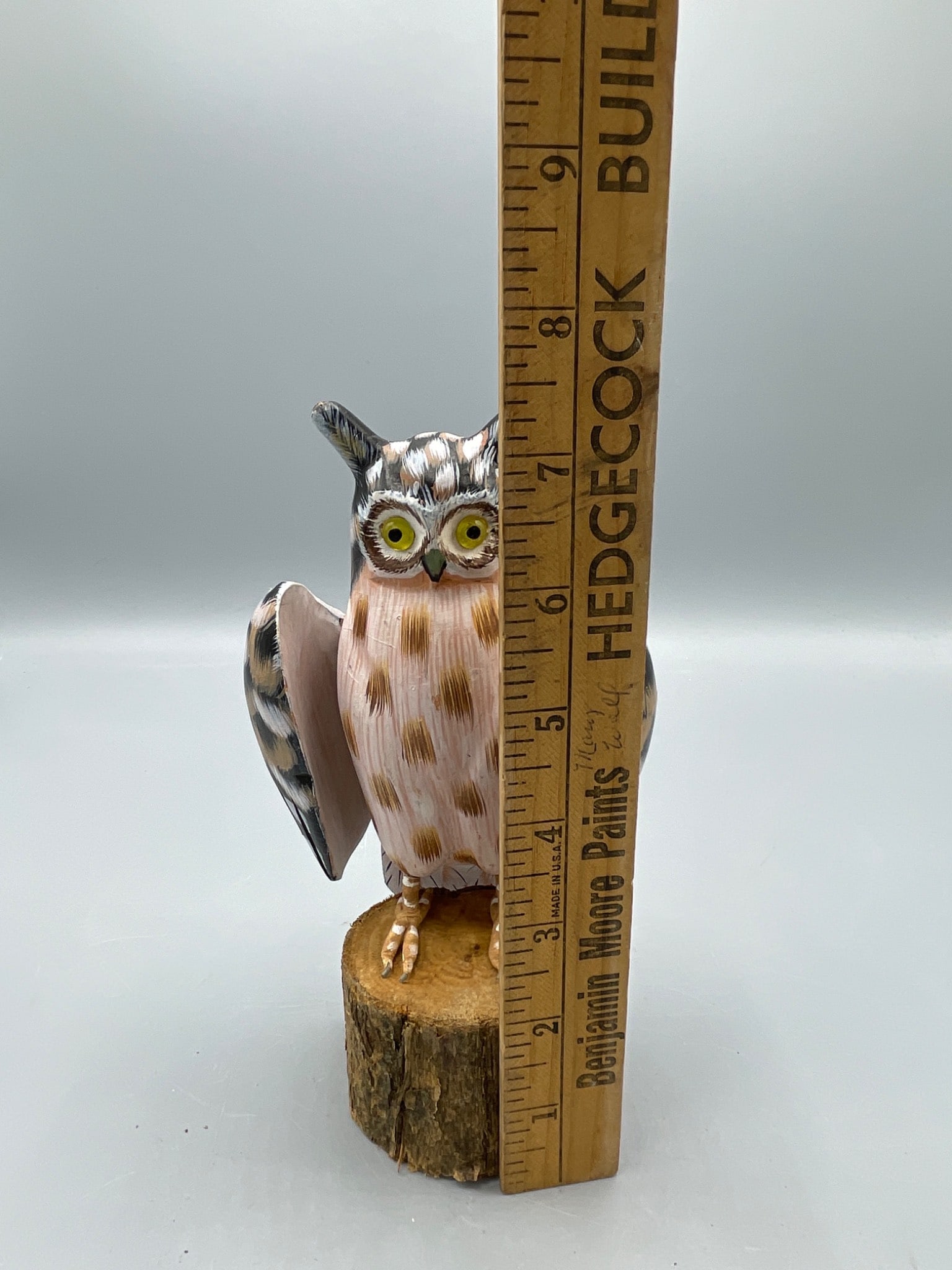 Hand-Carved And Painted Owl Figurine On Wooden Base, 6-Inch Height - 6