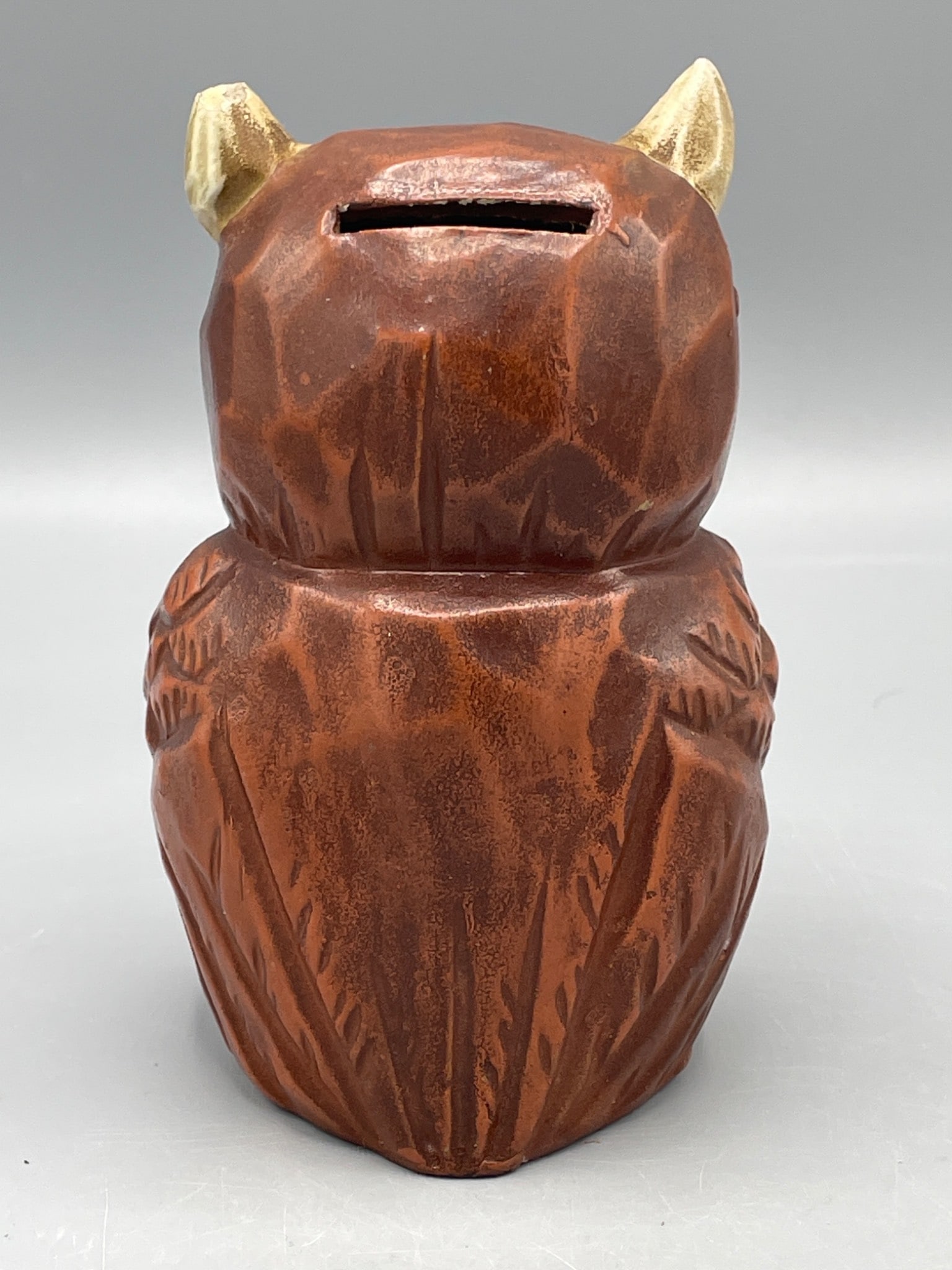 Ceramic Owl Coin Bank with Yellow and Brown Glaze - 3
