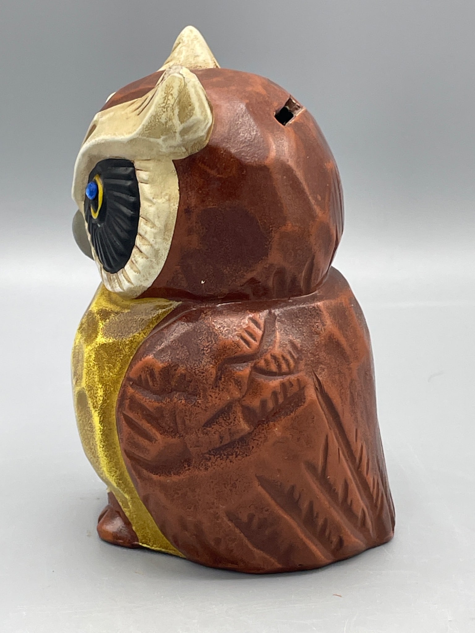 Ceramic Owl Coin Bank with Yellow and Brown Glaze - 4