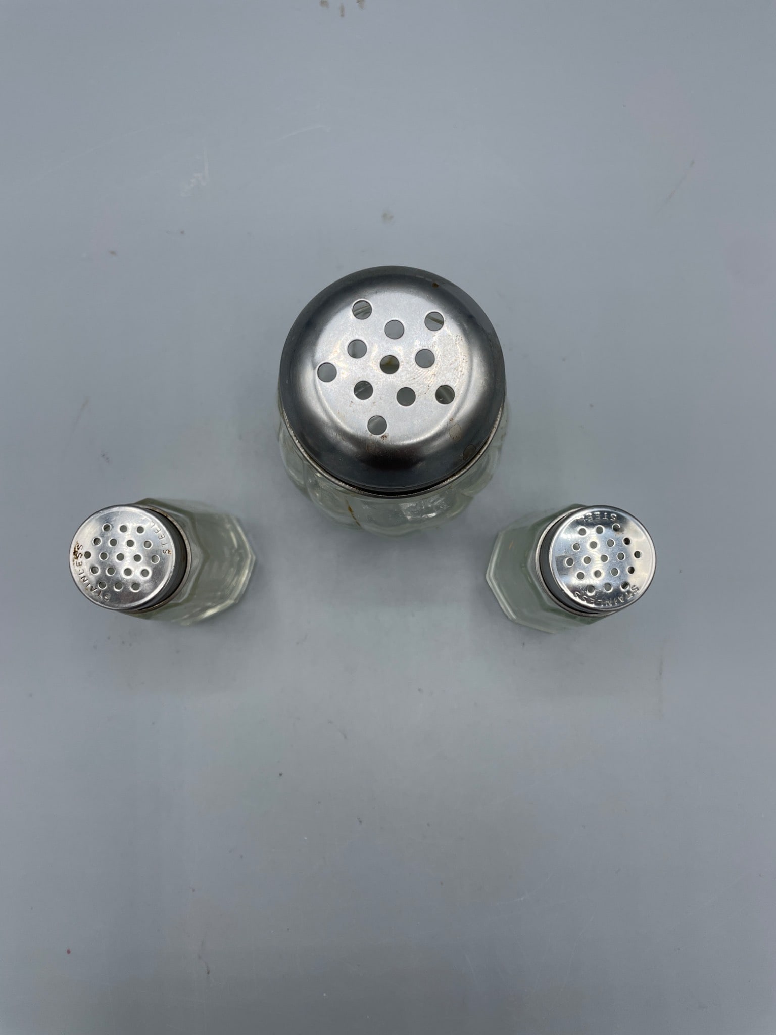 Glass Shakers Set with Metal Lids, Marked 'USA', Includes 3 Pieces - 2