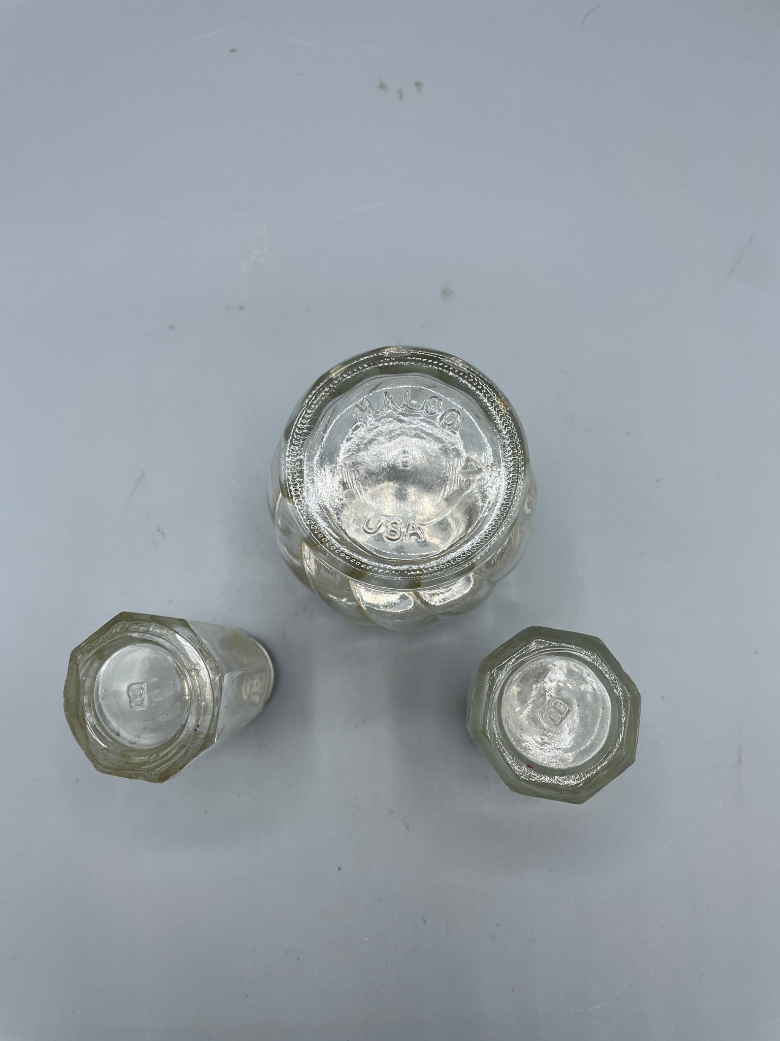 Glass Shakers Set with Metal Lids, Marked 'USA', Includes 3 Pieces - 3