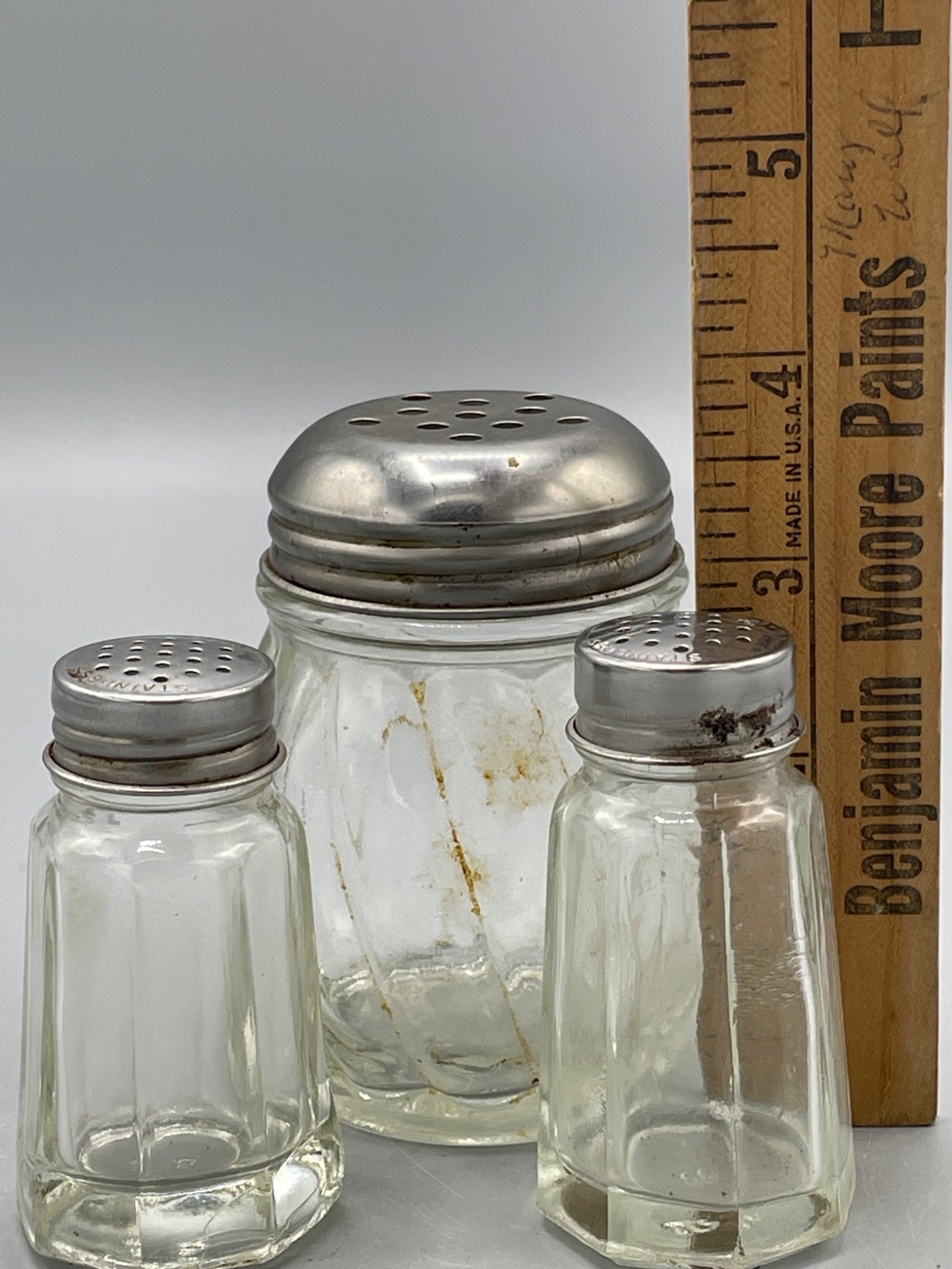 Glass Shakers Set with Metal Lids, Marked 'USA', Includes 3 Pieces - 5