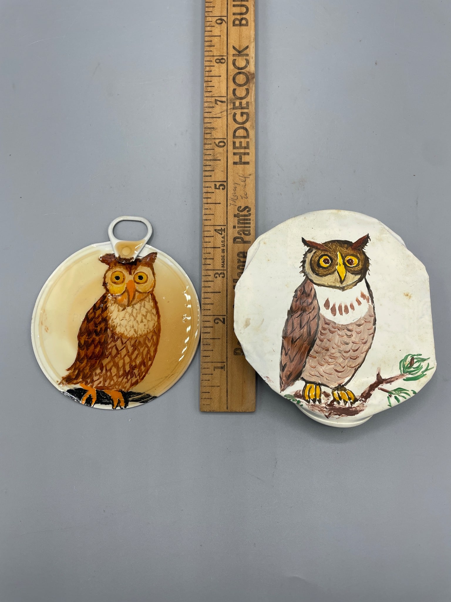 Two Handcrafted Folk Art Owl-Themed Items with Recycled Materials - 3