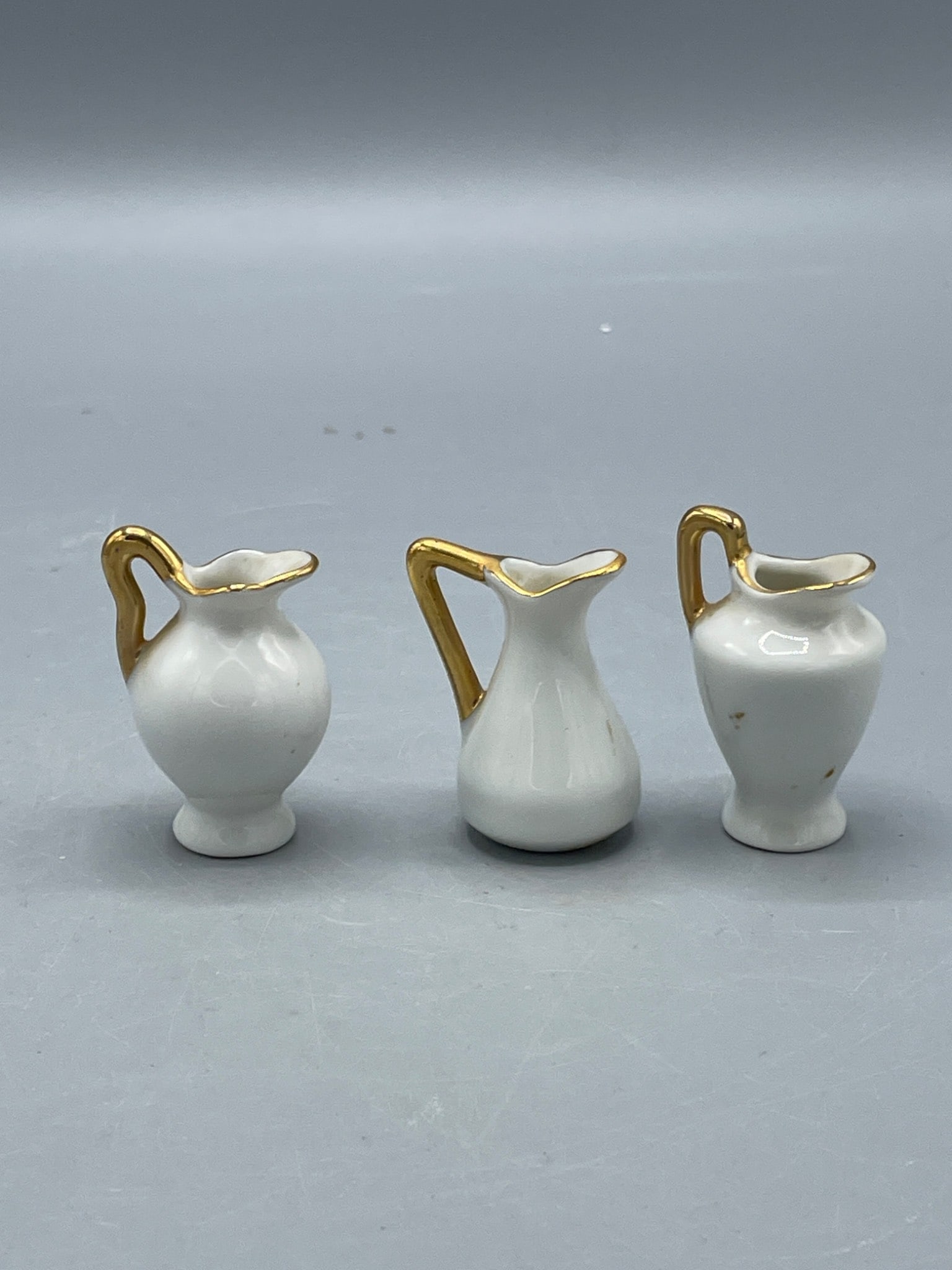 3 Fine Porcelain Miniature Pitchers with Blue Windmill Design and Gold Trim (Japan) - 2