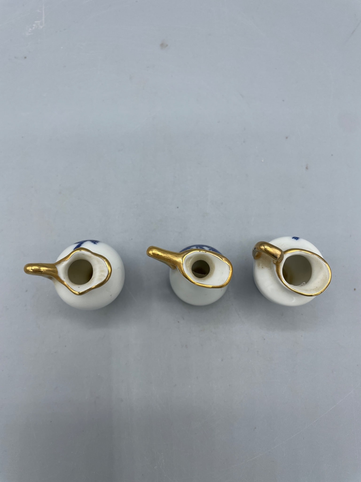 3 Fine Porcelain Miniature Pitchers with Blue Windmill Design and Gold Trim (Japan) - 3