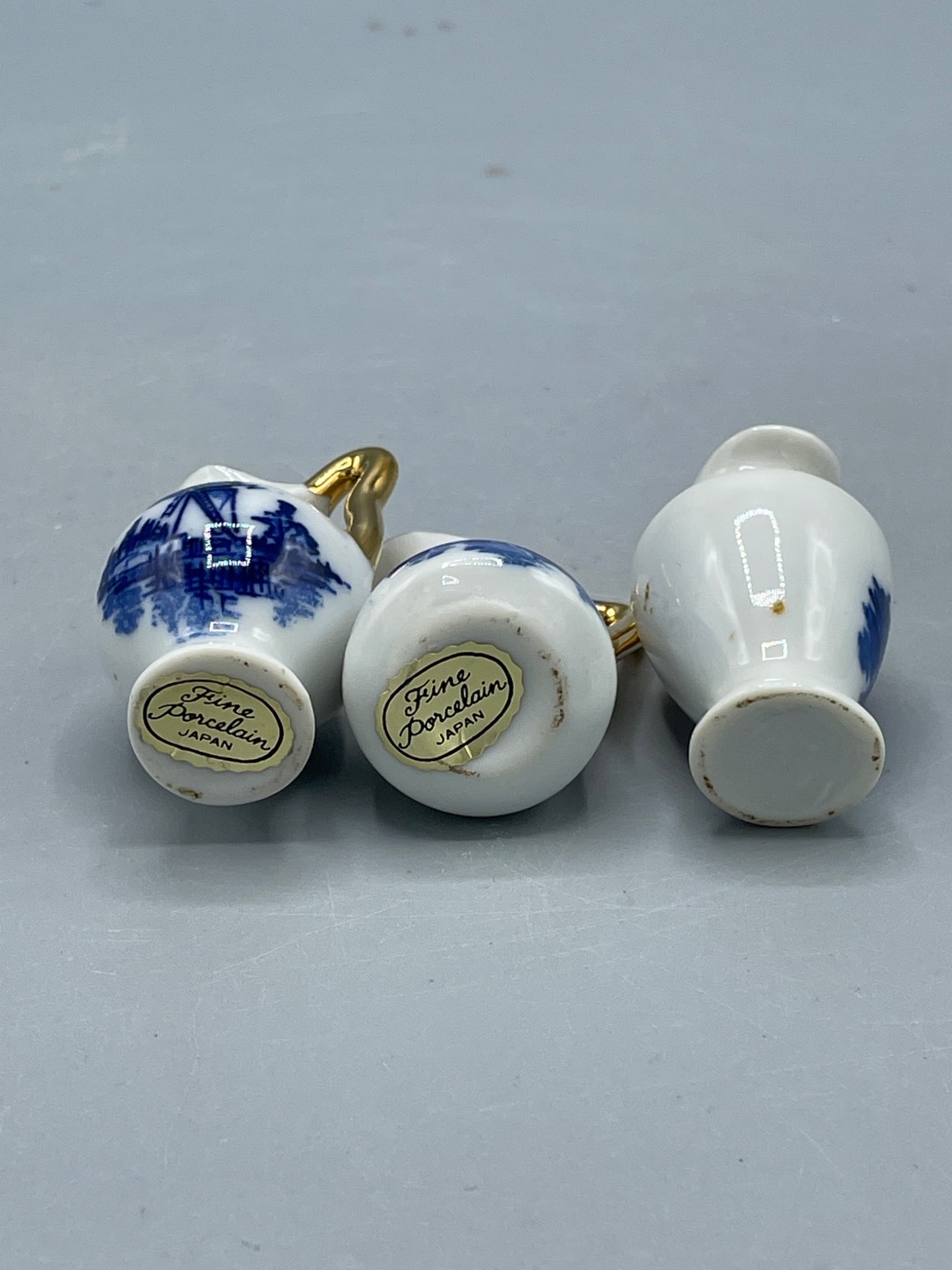 3 Fine Porcelain Miniature Pitchers with Blue Windmill Design and Gold Trim (Japan) - 4