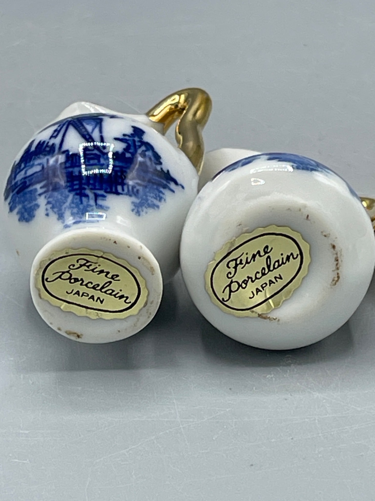 3 Fine Porcelain Miniature Pitchers with Blue Windmill Design and Gold Trim (Japan) - 5