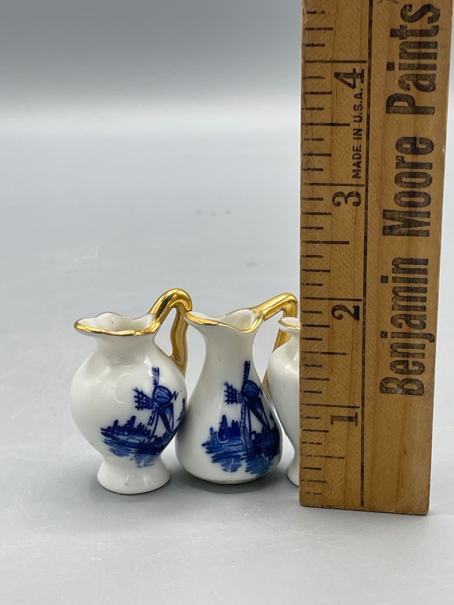 3 Fine Porcelain Miniature Pitchers with Blue Windmill Design and Gold Trim (Japan) - 6