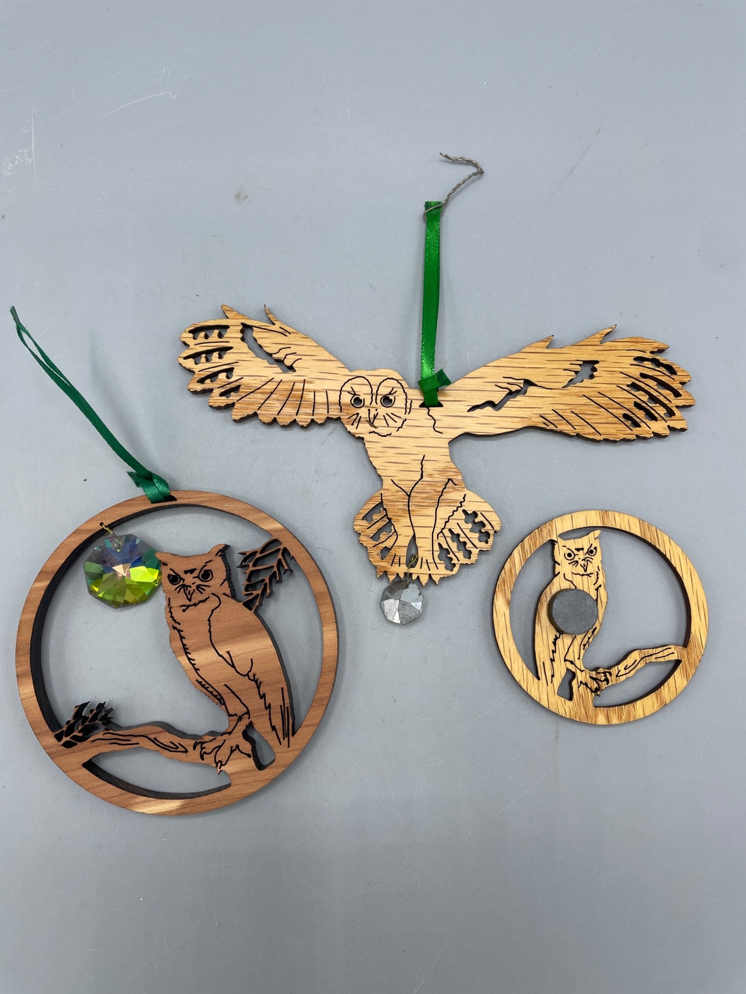 3 Wooden Owl Ornaments with Hanging Crystals - 2