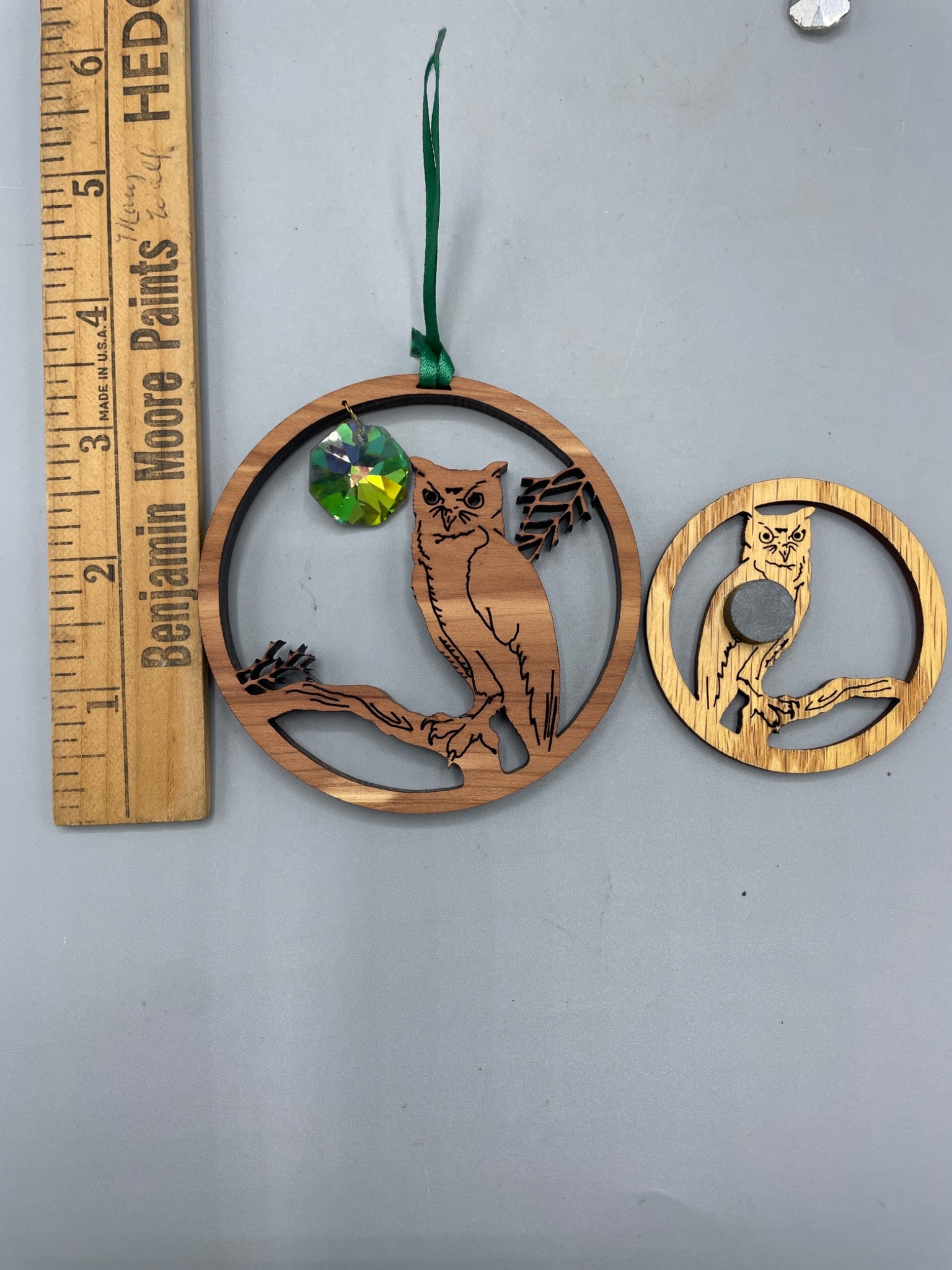 3 Wooden Owl Ornaments with Hanging Crystals - 3