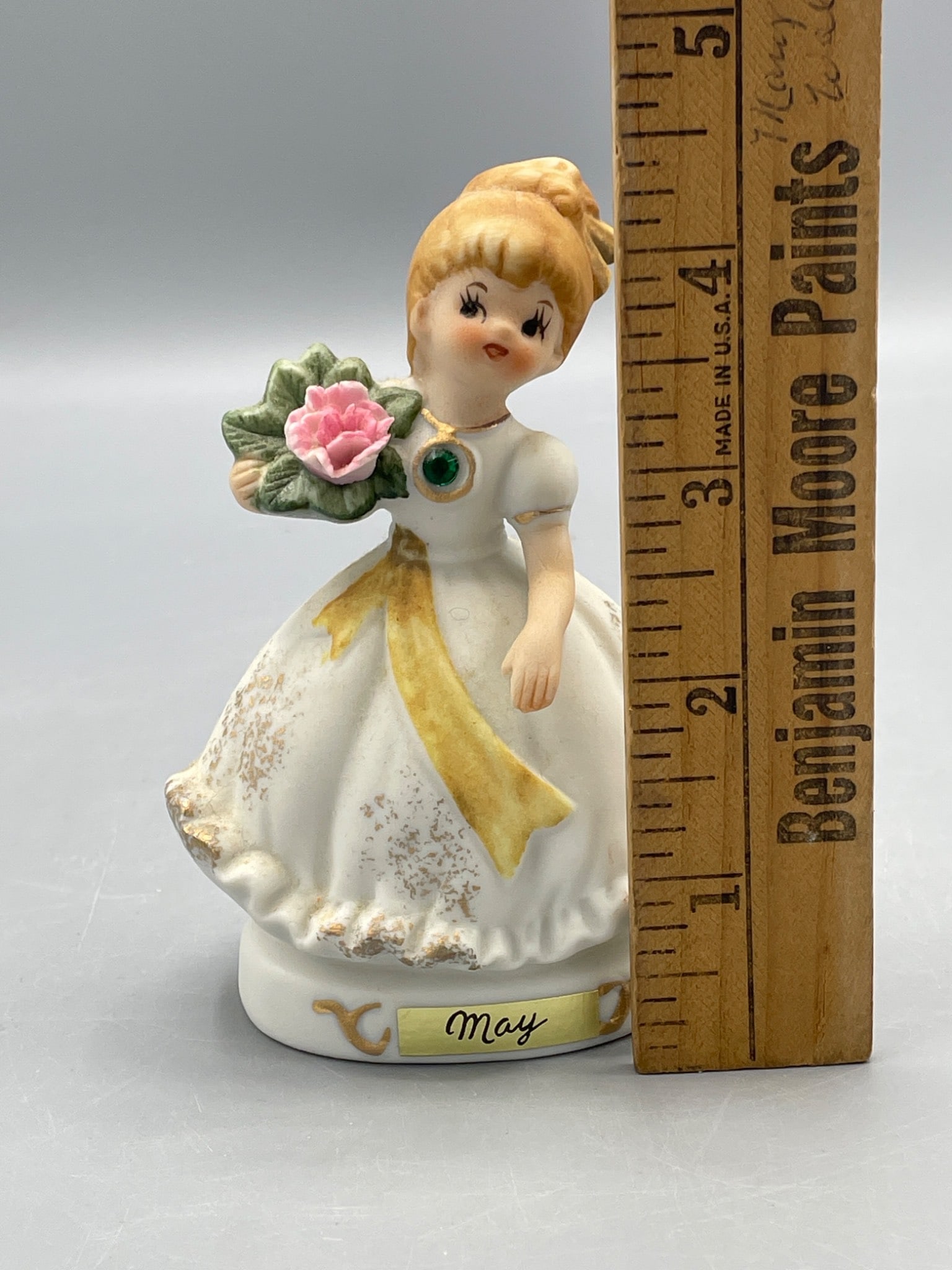 Porcelain Figurine with 'May' Plaque and Green Gem, Made in Japan - 4