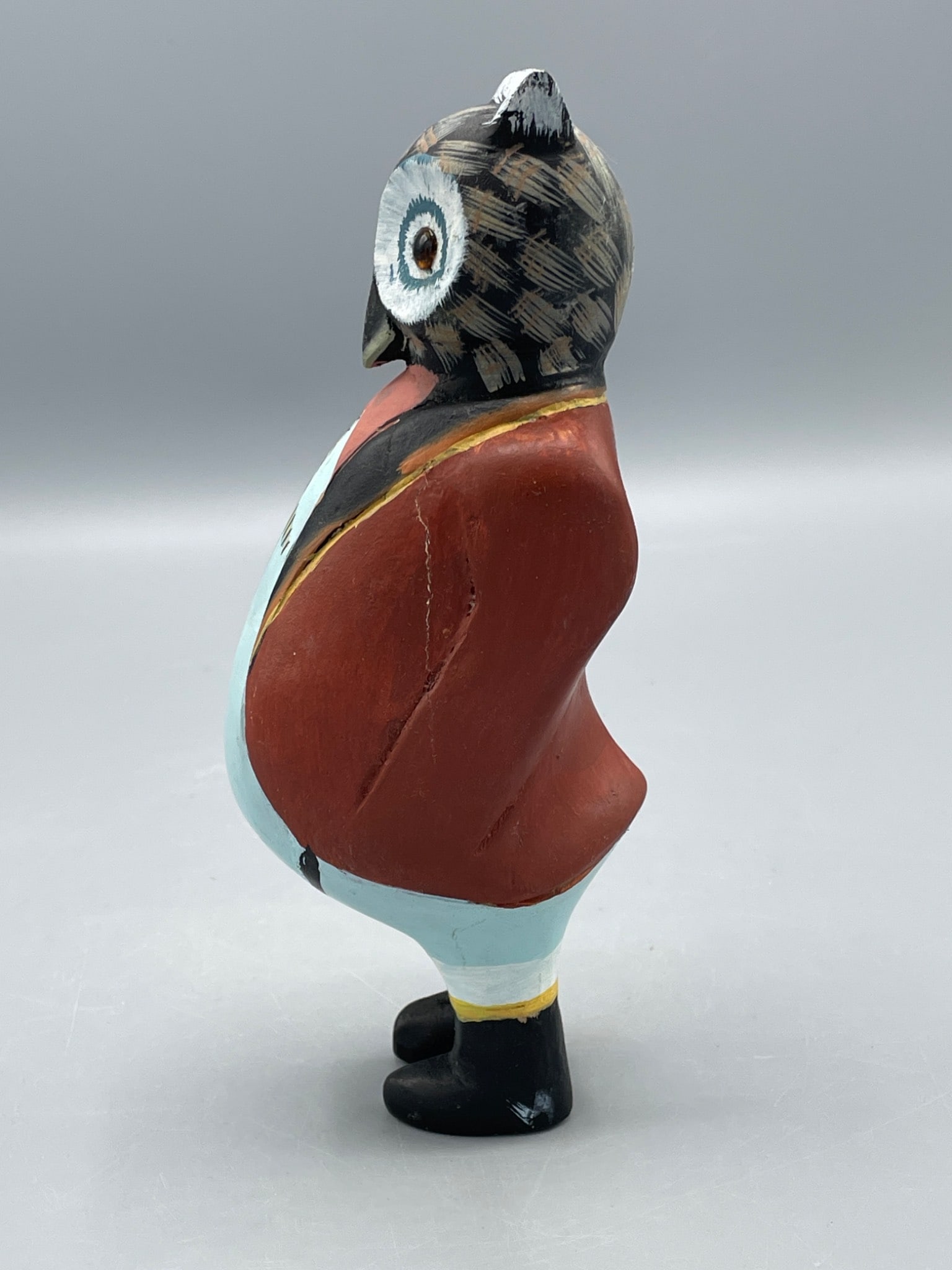 Hand-Carved and Painted Wooden Owl Figurine in Anthropomorphic Style - 4