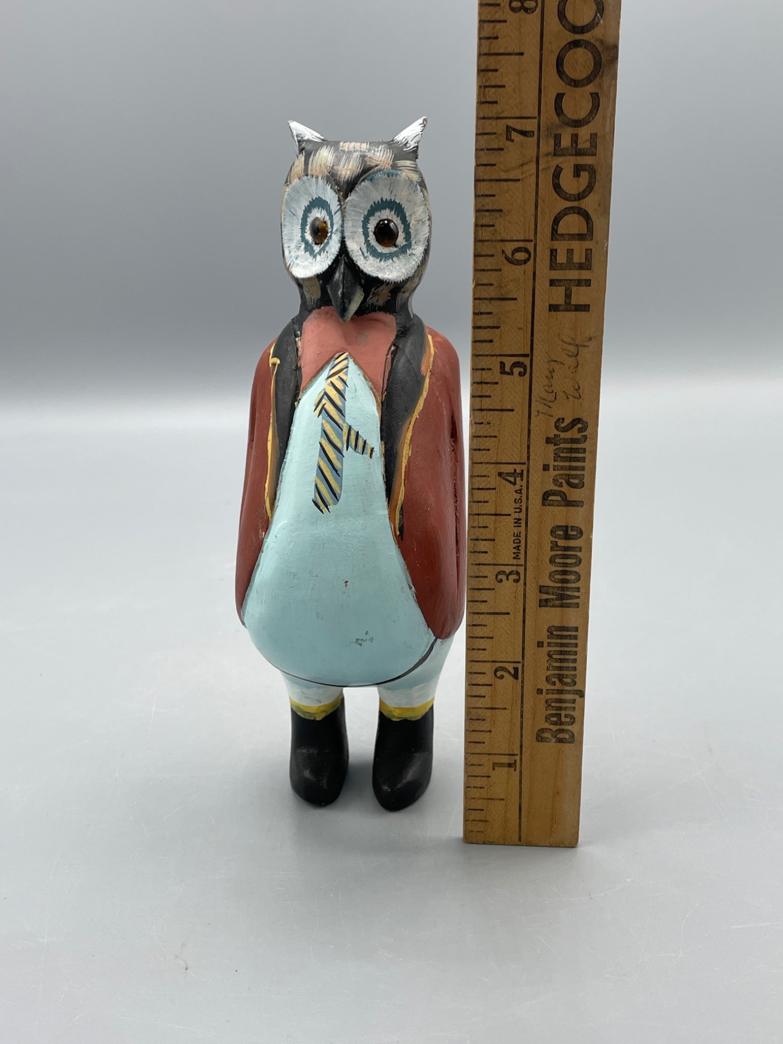 Hand-Carved and Painted Wooden Owl Figurine in Anthropomorphic Style - 6