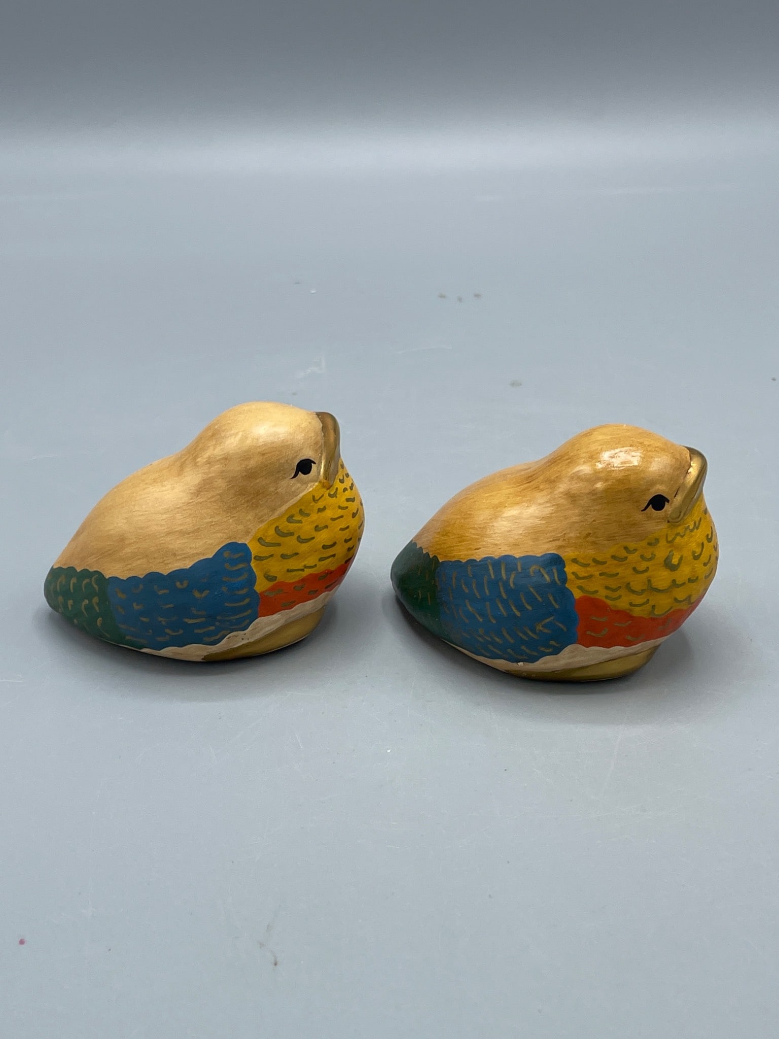 Hand-Painted Wooden Bird Figurines with Yellow, Blue, and Red Accents - 3
