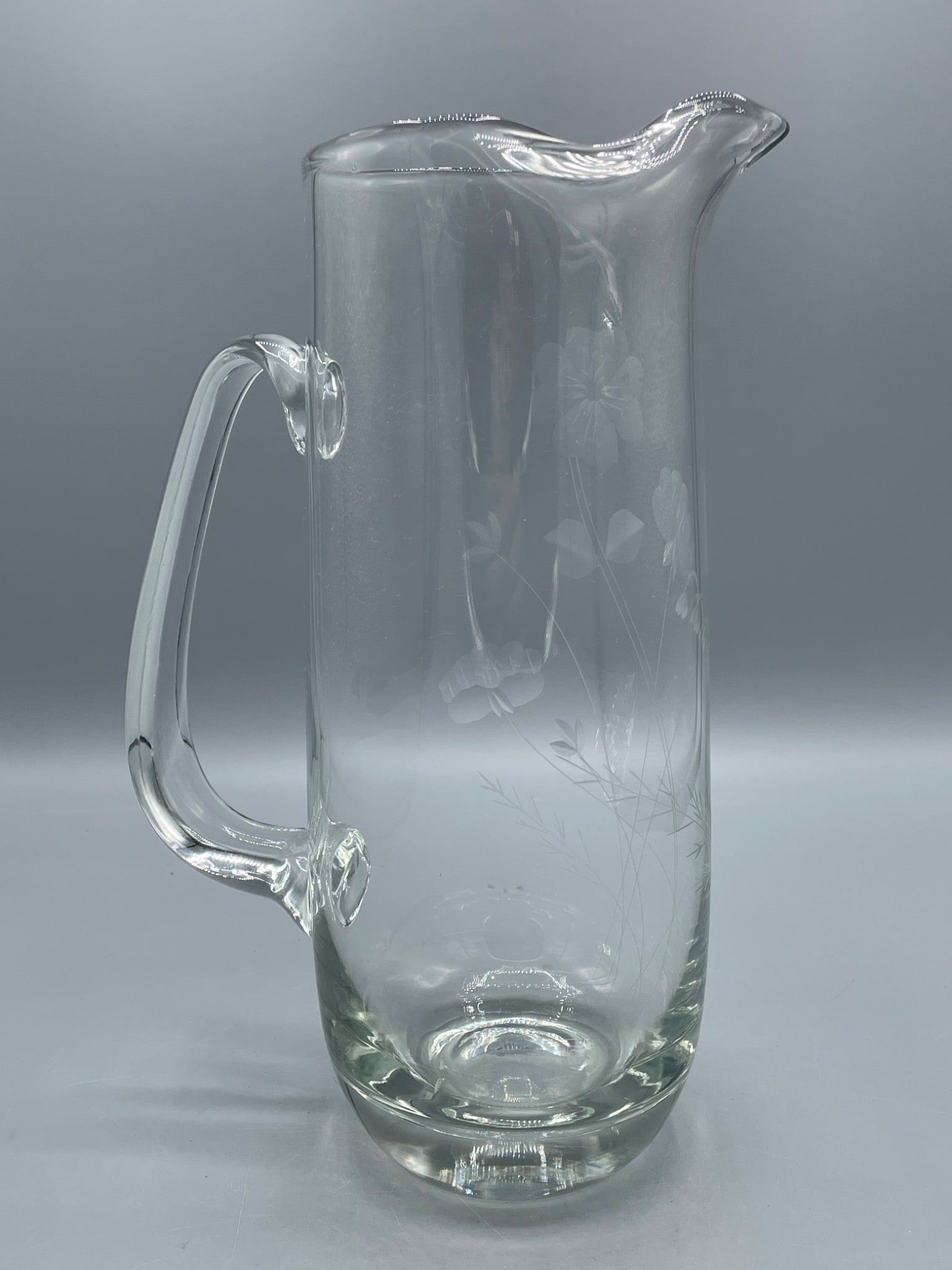 Clear Glass Pitcher with Etched Floral Design and Handle, 10-inch Height - 2