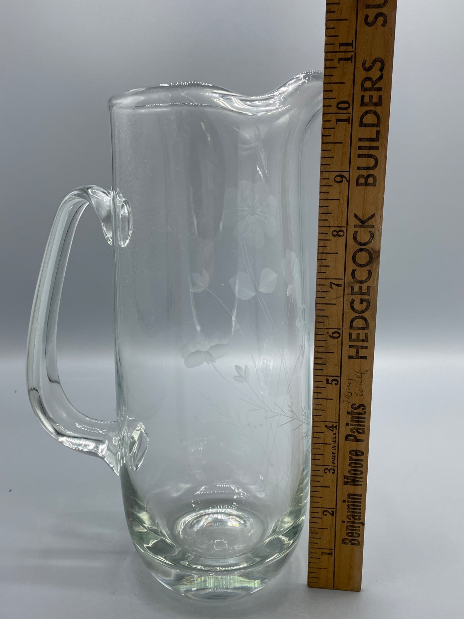 Clear Glass Pitcher with Etched Floral Design and Handle, 10-inch Height - 4