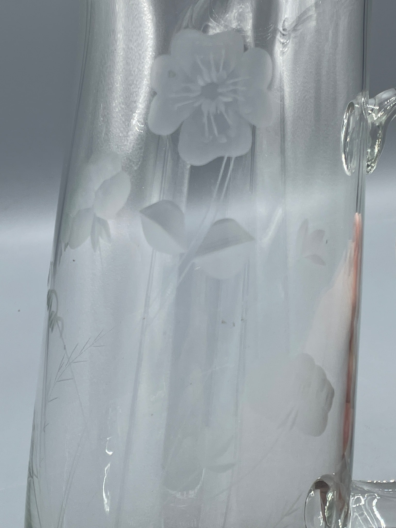 Clear Glass Pitcher with Etched Floral Design and Handle, 10-inch Height - 5