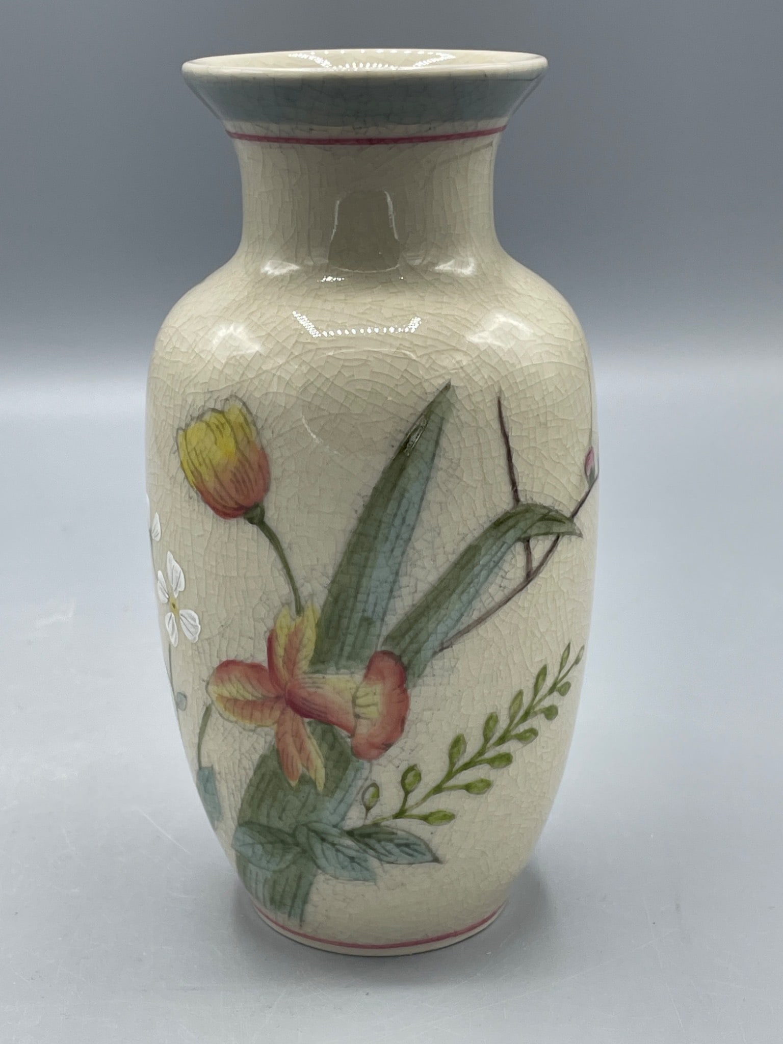 Hand-Painted Ceramic Vase, Model 7935, Floral Design: This is a hand-painted ceramic vase, marked with model number 7935 on the base. It features a floral design with multiple vibrant flowers and greenery. The vase measures approximately 6 inches in