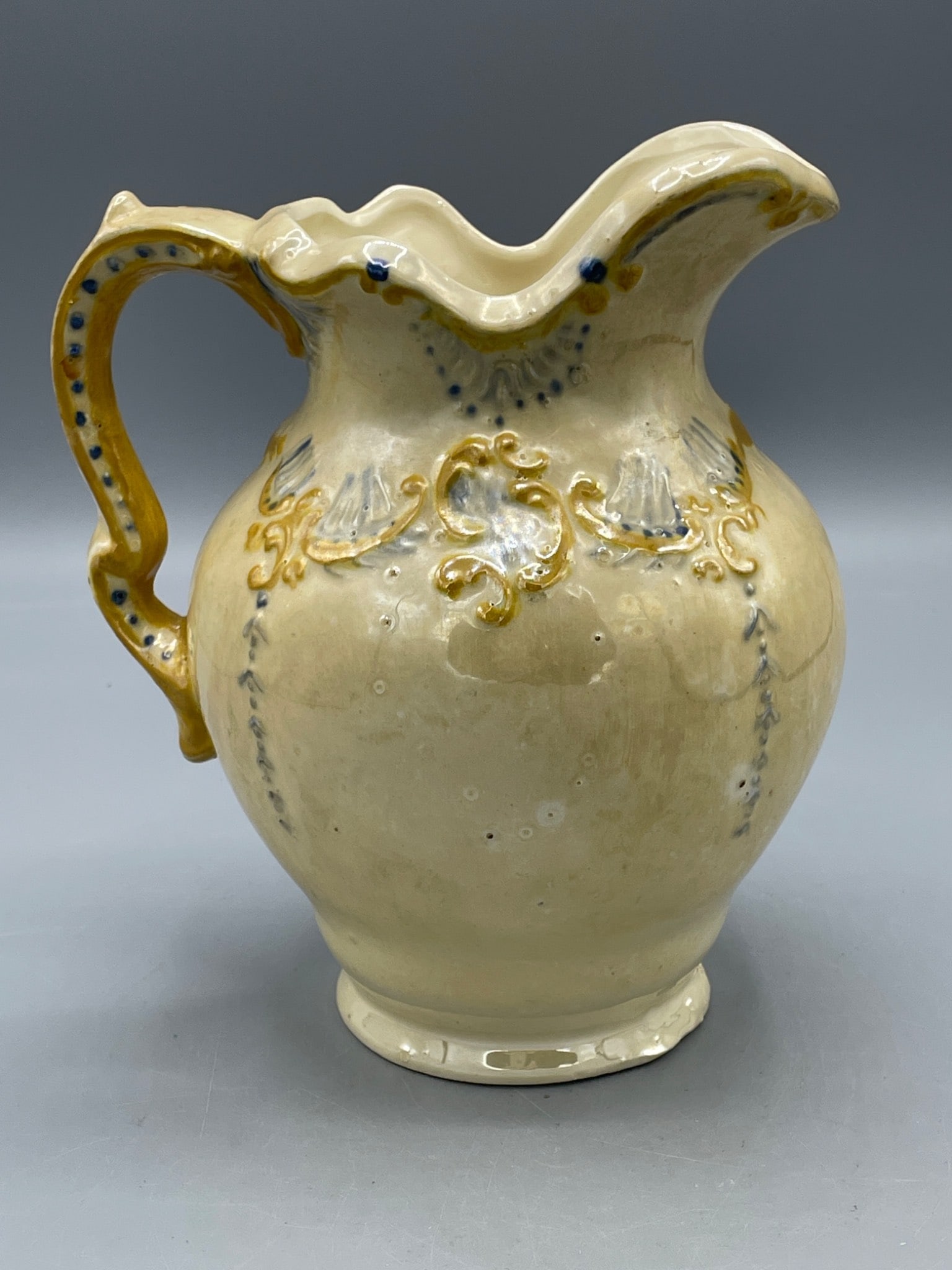 Cream-Colored Ceramic Pitcher with Hand-Painted Details and Handle - 3