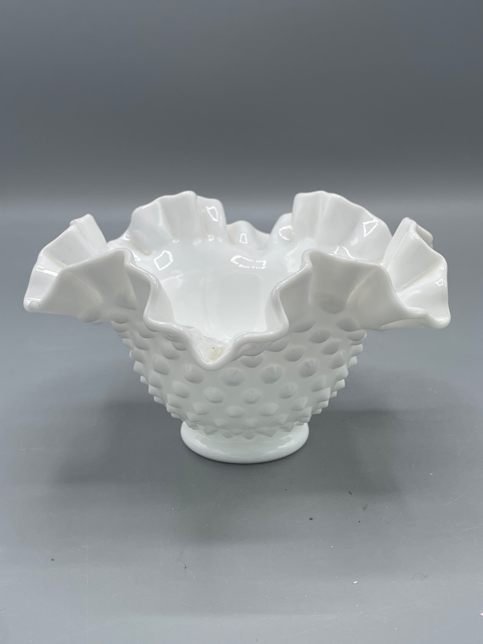 White Milk Glass Hobnail Ruffled Edge Bowl - 2