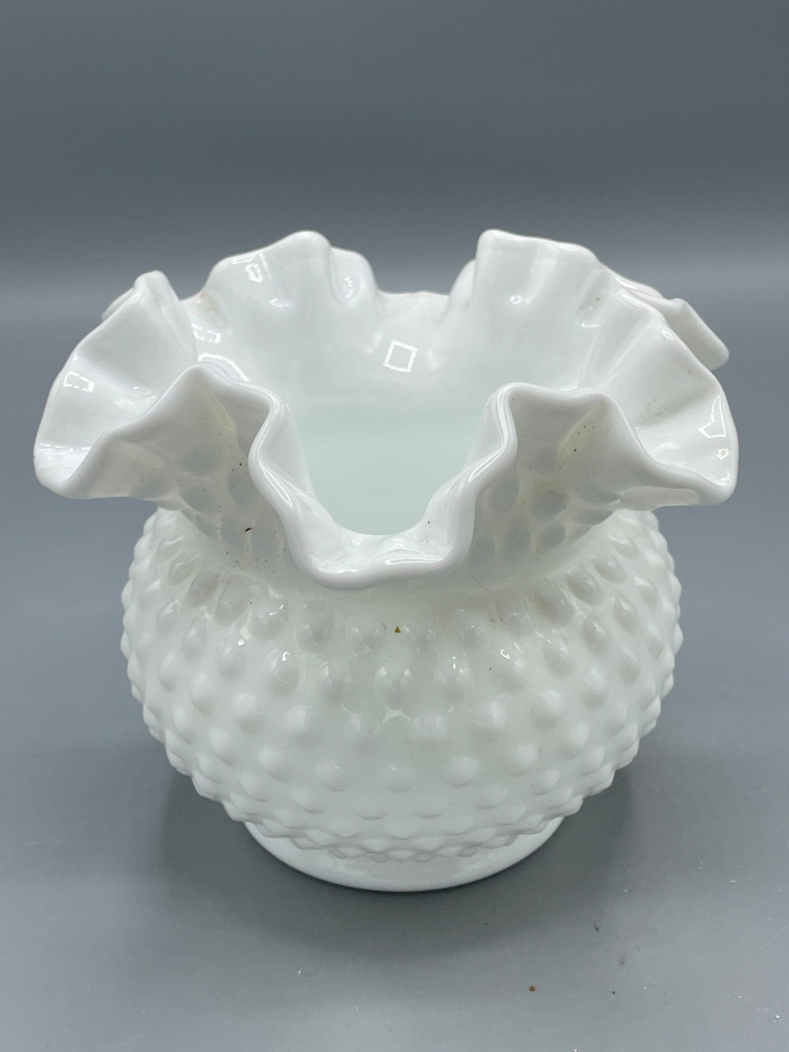 Fenton Milk Glass Hobnail Ruffled Vase With Embossed Marking - 2