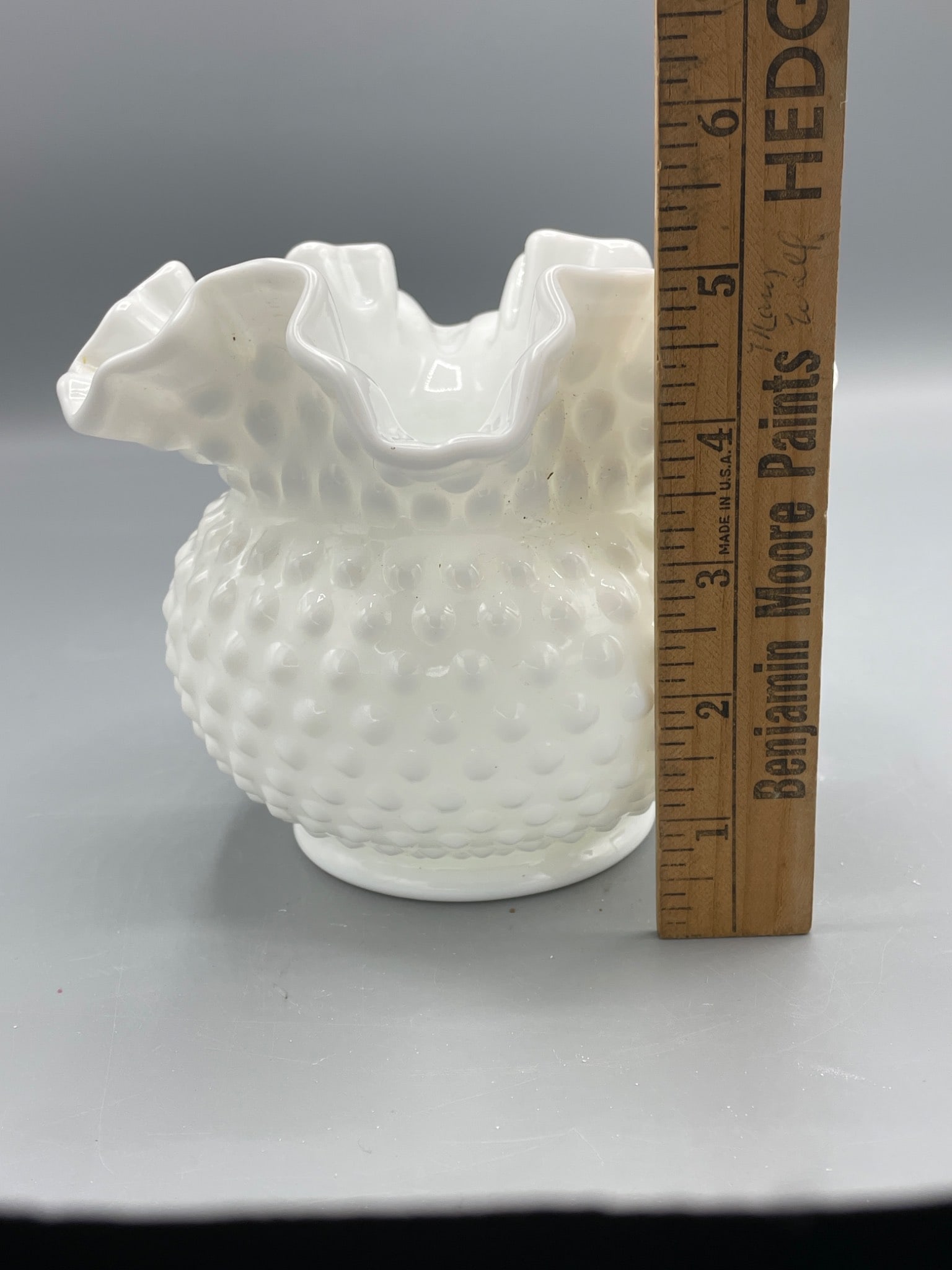 Fenton Milk Glass Hobnail Ruffled Vase With Embossed Marking - 6