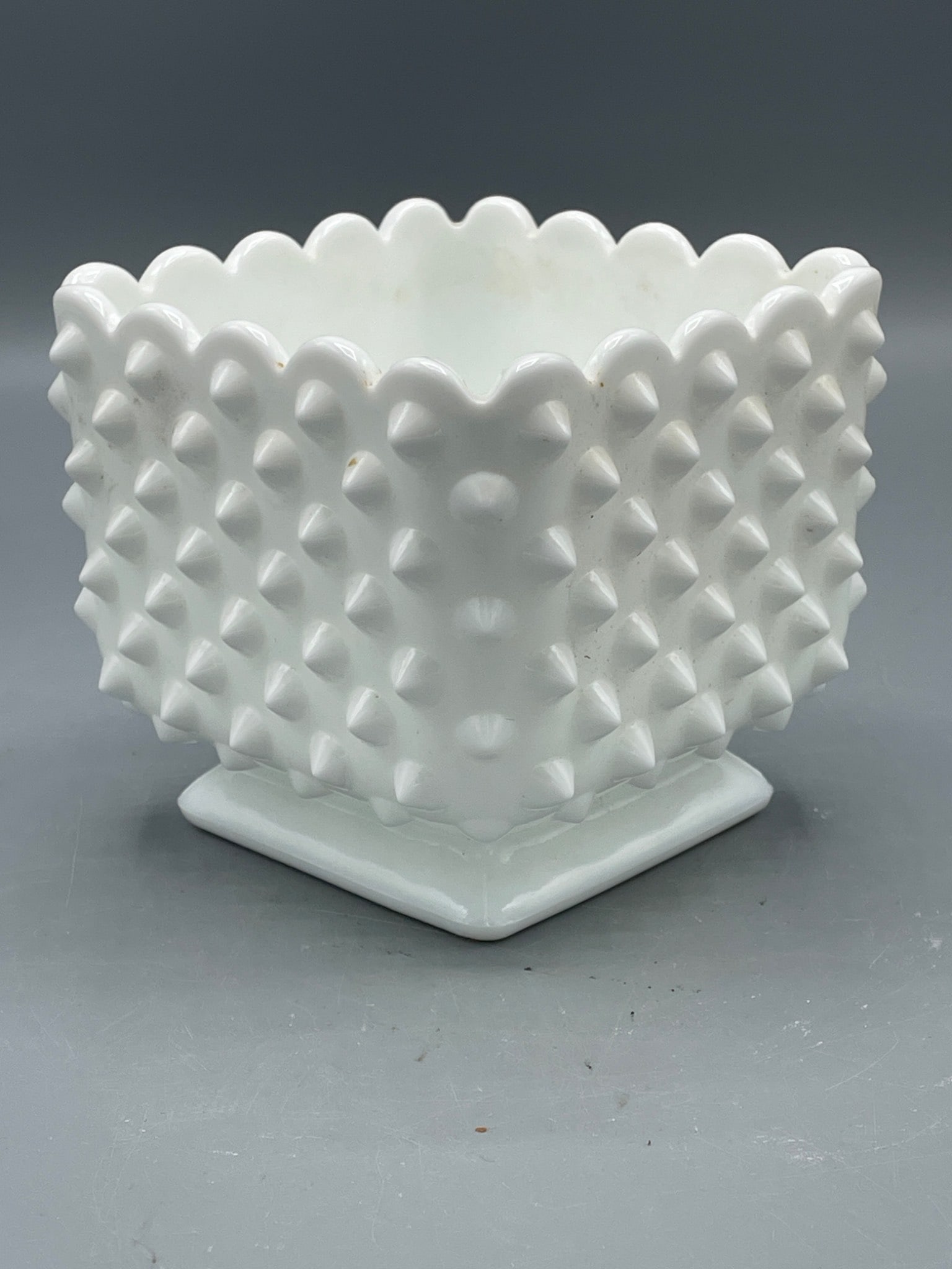 White Milk Glass Hobnail Square Pedestal Planter Bowl, Approx. 4 Inches Tall - 2