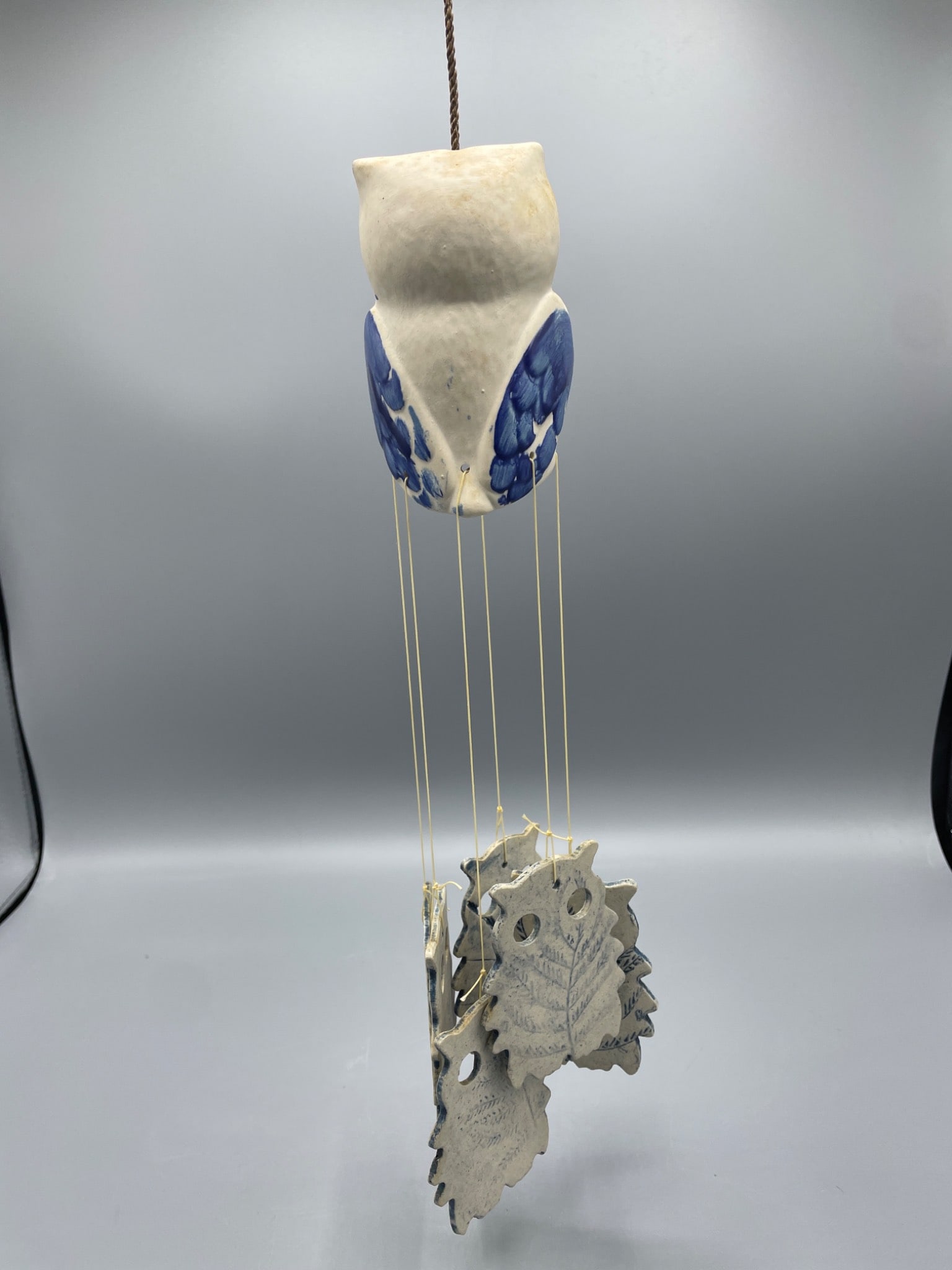 Porcelain Owl Wind Chime With Blue Accents - 2